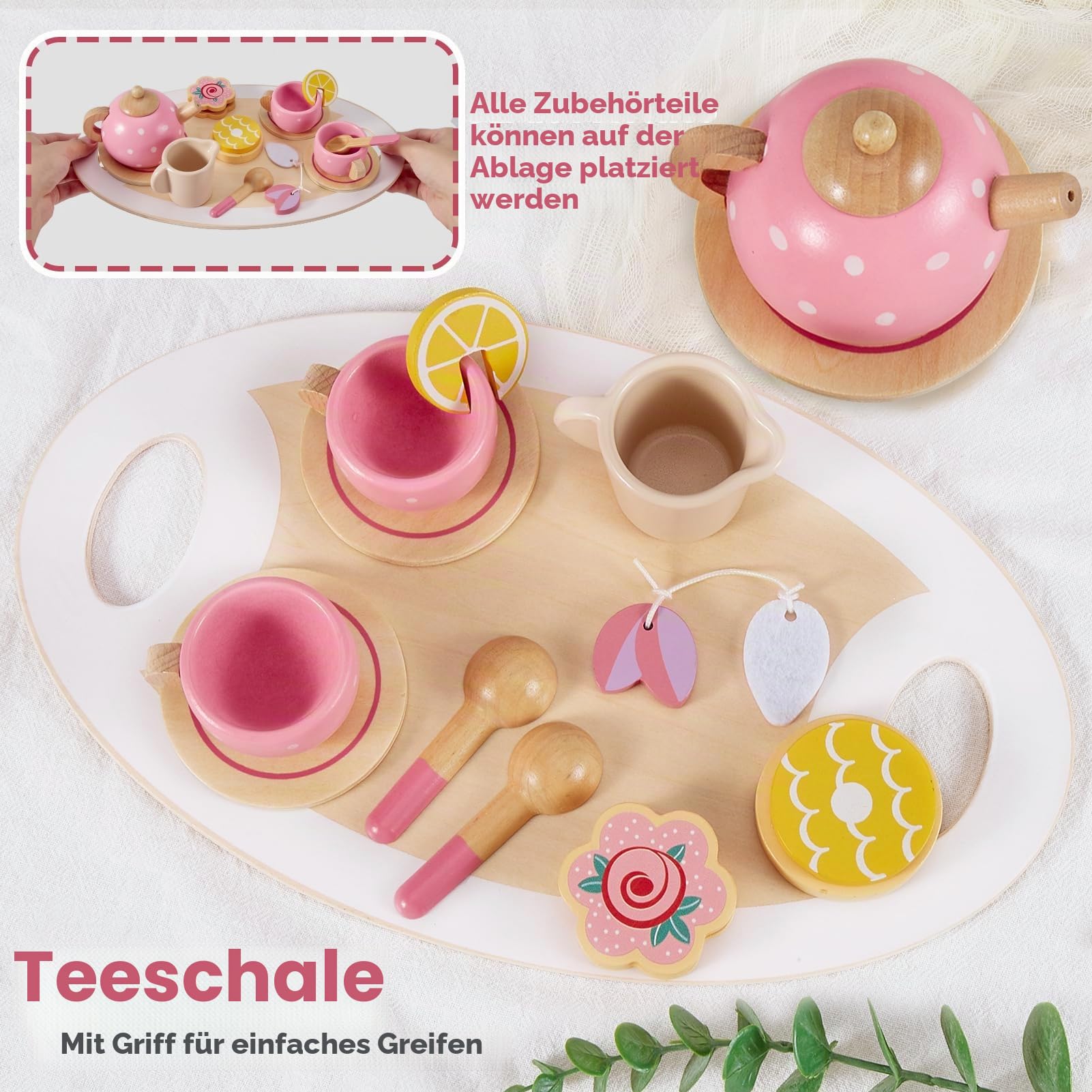 AOLEVA Teeservice Kinder Holz Spielküche Zubehör, Tee Set Teeparty Kinderküche Holzspielzeug Kindergeschirr Rollenspiele Geschenk für Kinder Mädchen Jungen, Rosa
