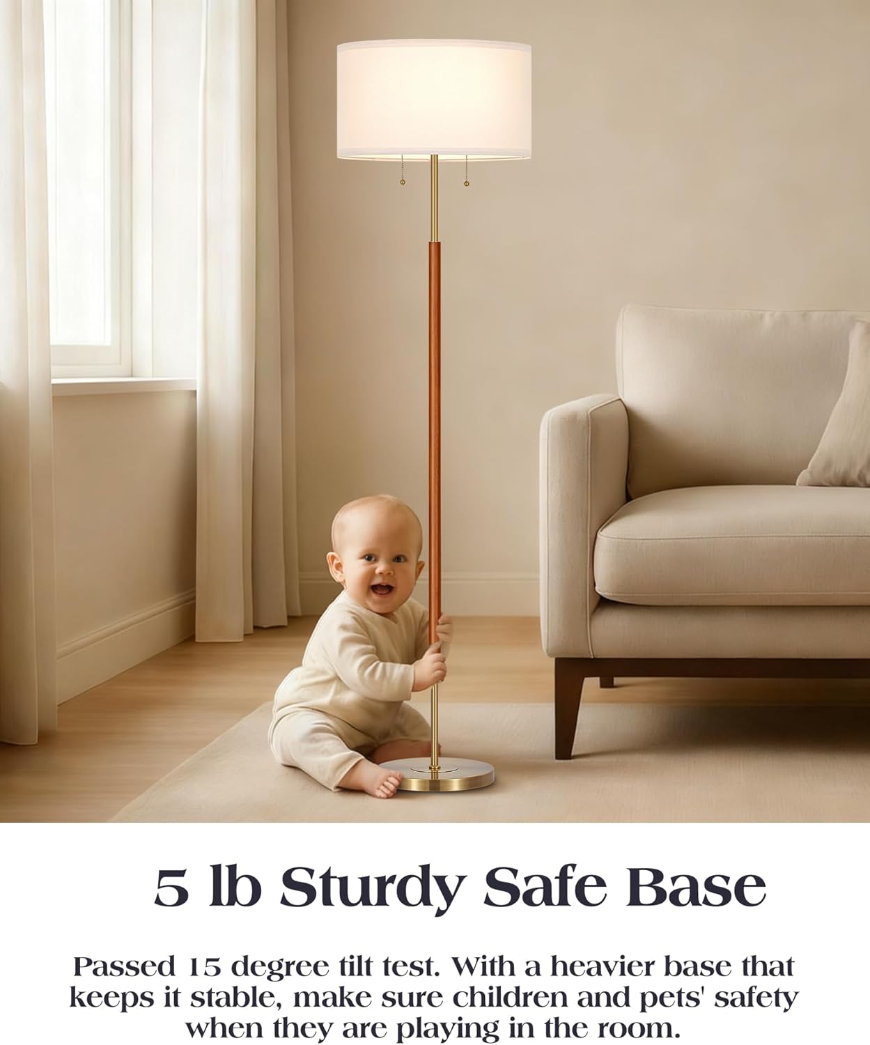 BTP Mid Century Floor Lamp for Bedroom, 2-Lights Wood Floor Lamp with Dual Switch, Tall Reading Standing Light for Living Room Office Farmhouse, 3 Color Temperatures 9W Bulbs*2 Included