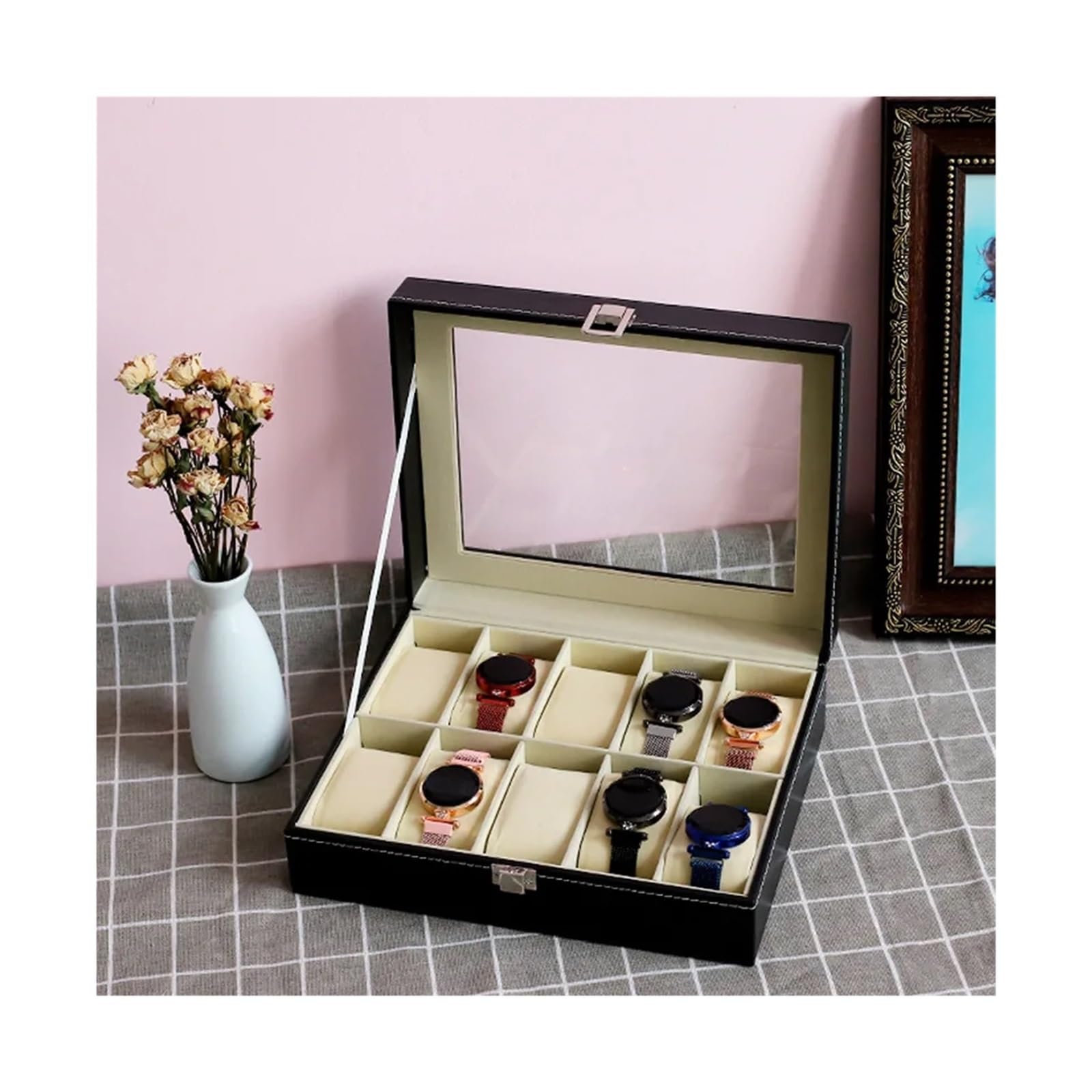Caja Para Relojes Caja de reloj organizadora de colección de almacenamiento de exhibición de cuero PU for hombres, vitrina de reloj con tapa de vidrio Caja De Reloj Para Hombre Y Mujer(Beige 5 Grids)