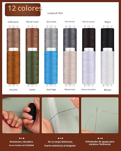 Miniatura 3 de BAGERLA Kit de costura resistente, kit de 48 piezas de agujas e hilos con agujas de hilo de tapicería, cortador de costura de punzón, kit de