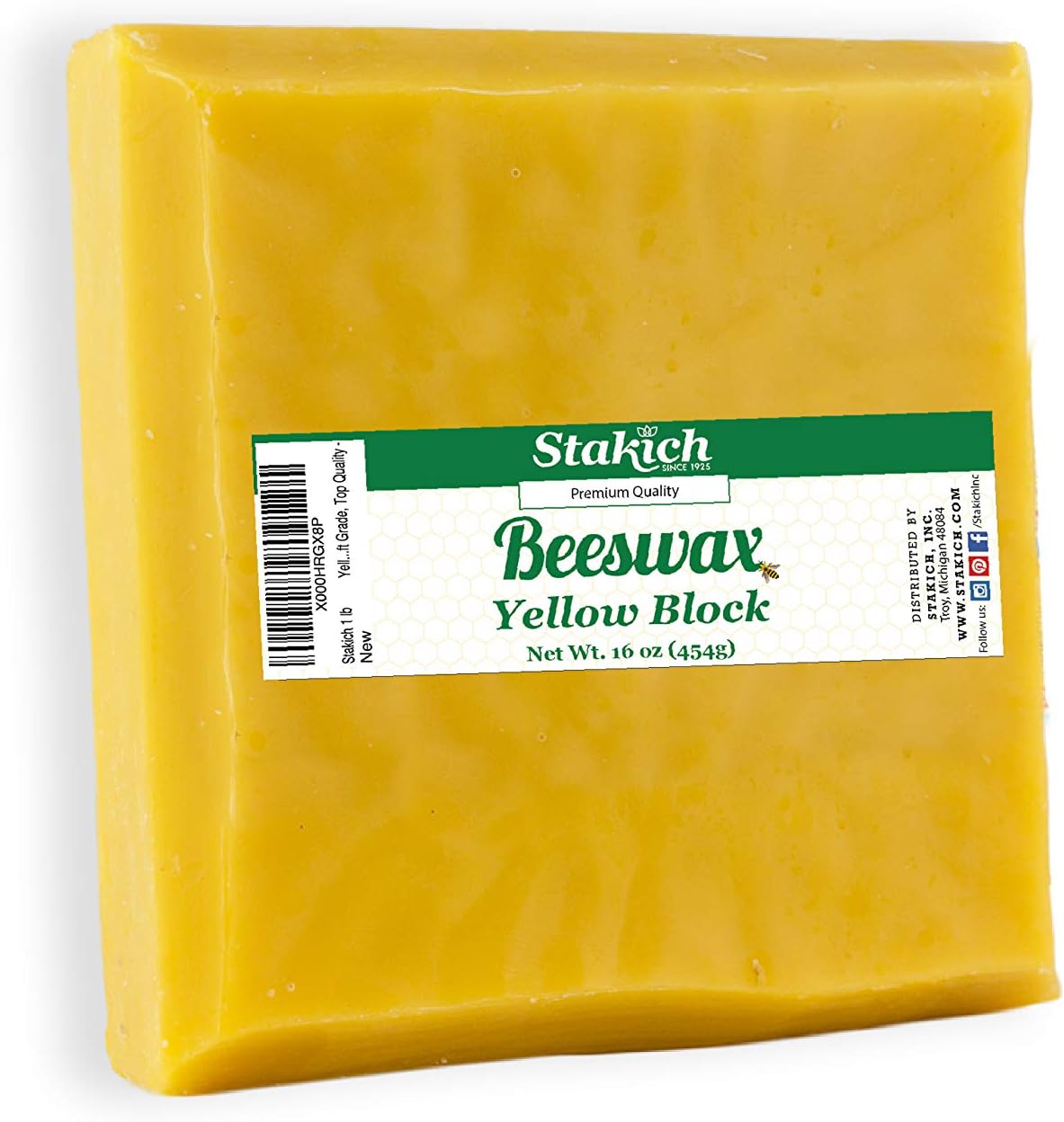Stakich Yellow Beeswax Block - Natural, Triple Filtered, 1 lb, Honey Scent