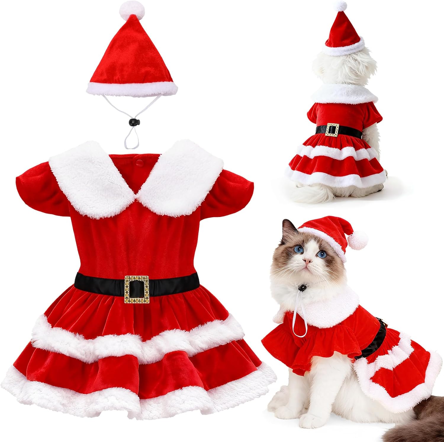 Vestido Navideño para Perro Santa Claus Rojo de Terciopelo con Gorro