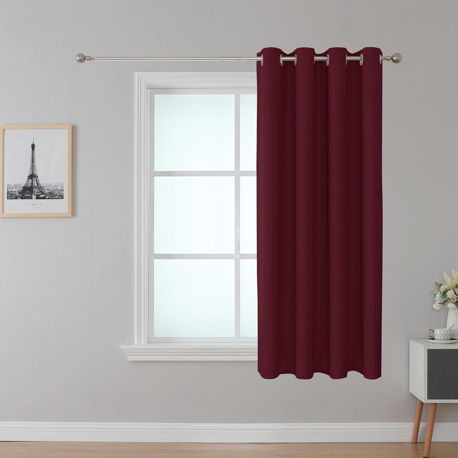 Fire Retardant Curtain - 1 Panel, Burgendy Grommet Top for Classroom Window, NFPA 701, 52x63 Inch