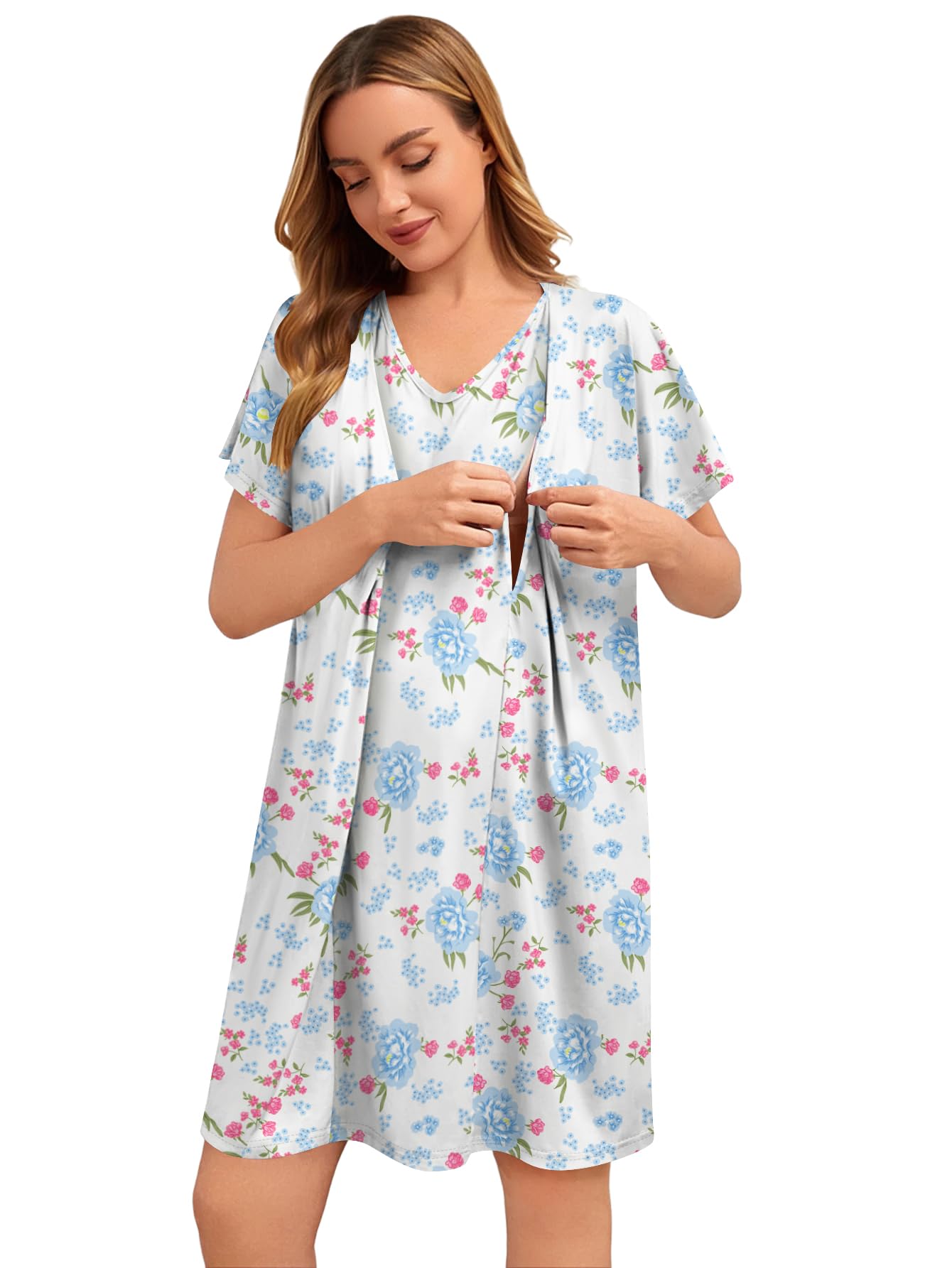 Nursing Nightgown 3 in 1 Labor and Delivery Hospital Gown Maternity Dress Short Sleeve Birthing Robe for Breastfeeding-image-40
