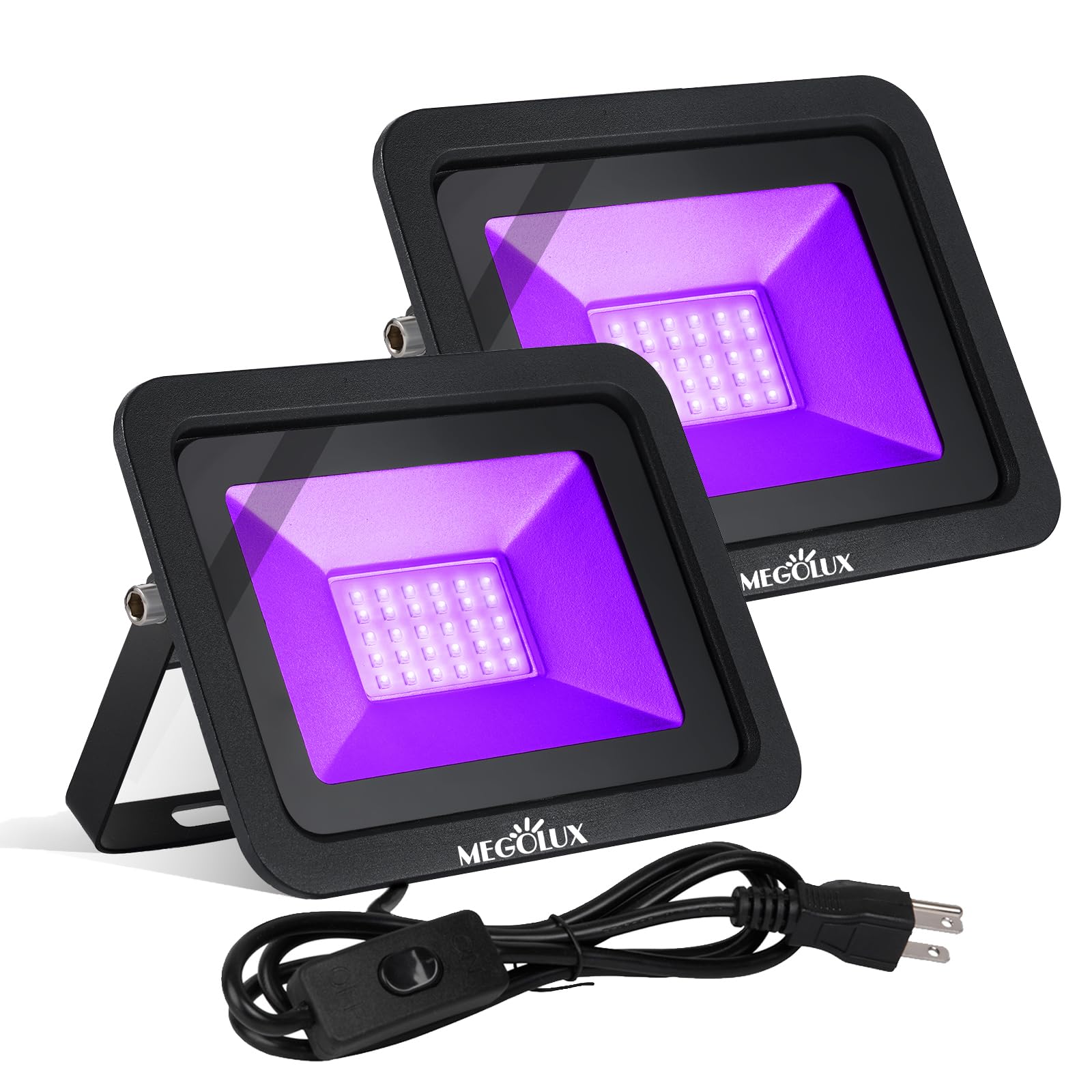 MEGOLUX 2 Pack 395nm 30W LED Black Light with US Standard Plug and Switch, 4.9ft Power Cord, Blacklight is Used for Indoor or Outdoor Glow Party, Stage Lighting,Body Paint, Fluorescent Poster