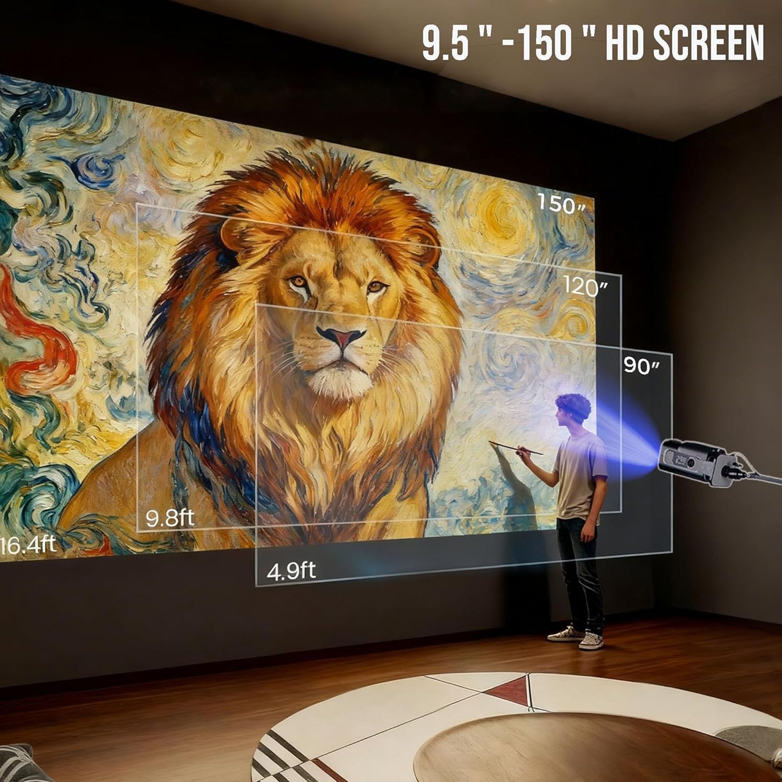 Projektor Artystyczny HD 1280x720P, Bezprzewodowe Sterowanie Pilotem | Krystalicznie czysta projekcja z regulowanym rozmiarem obrazu, pilot do obsługi bez użycia rąk