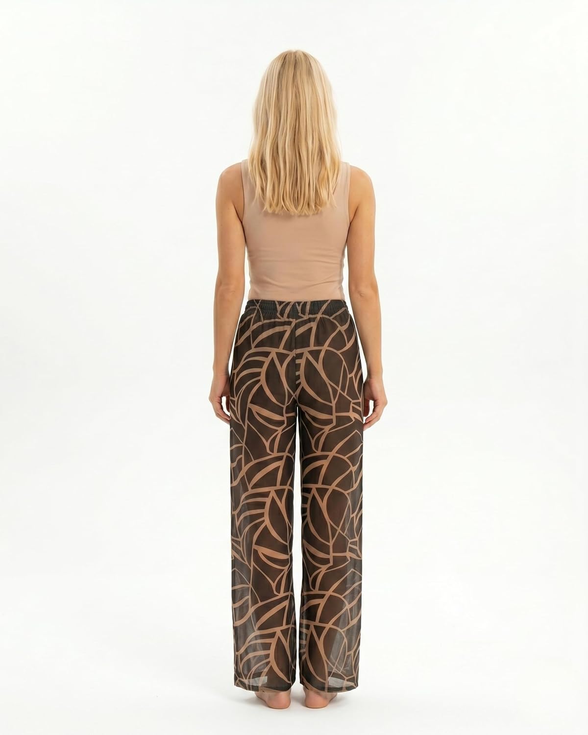 Wide Leg Beach Pants Women Black Beige Geometric Print Swim Cover Up Quick Dry Elastic Waist S-XL