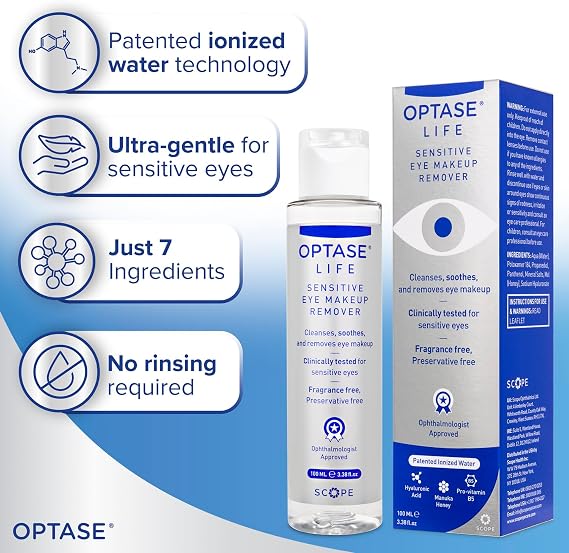 Optase Life Sensitive Eye Makeup Remover - Oil-Free and Non-Greasy Cleanser - Formulated for Sensitive Eyes - Ophthalmologist Approved - 100ml