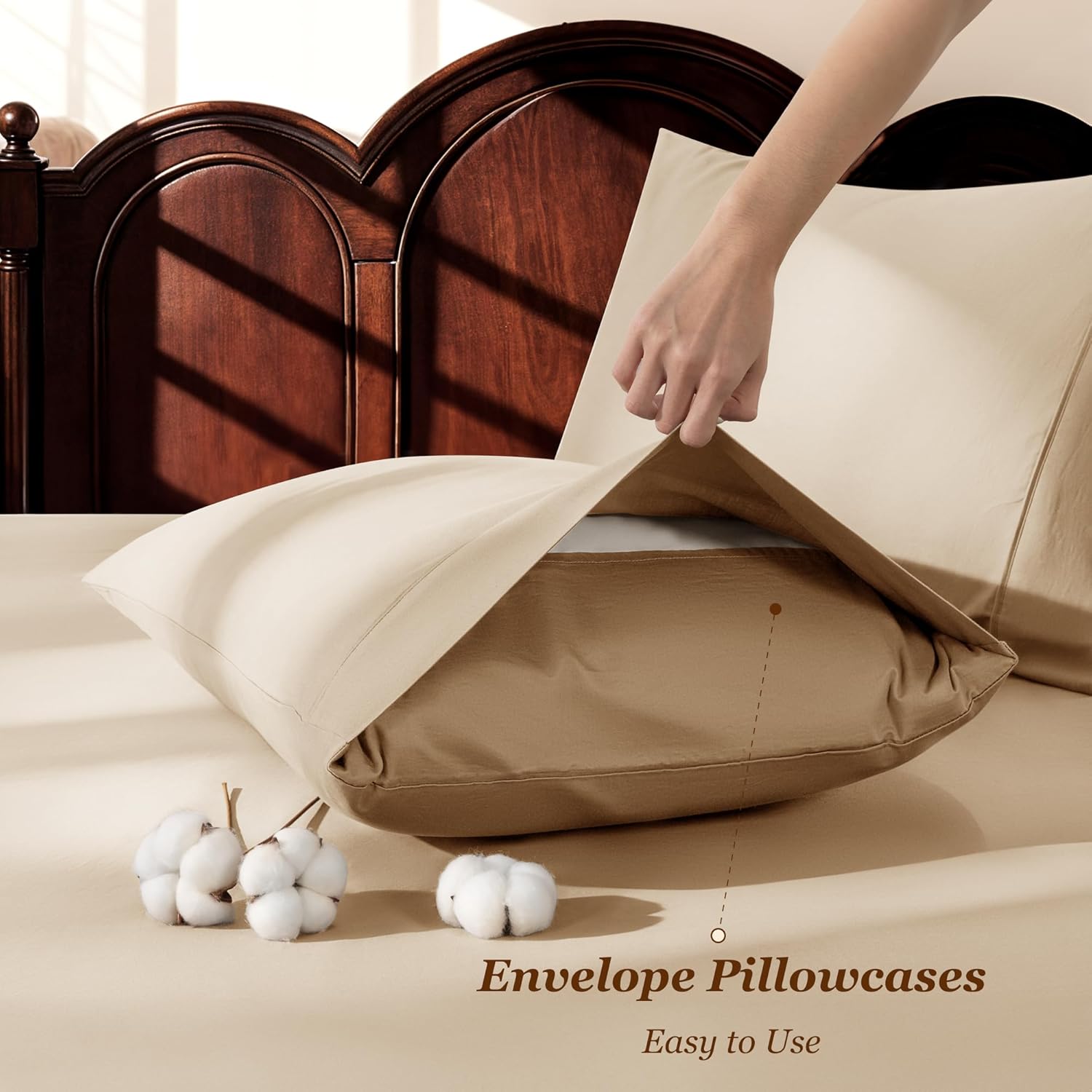 LBRO2M 1000 Thread Count 100% Egyptian Cotton Sheets Set Queen Size, 4 Piece Sets Bed Sheet Deep Pocket Sheet Set 16" Soft Comfortable All Season (Queen, Cream) - Image 6