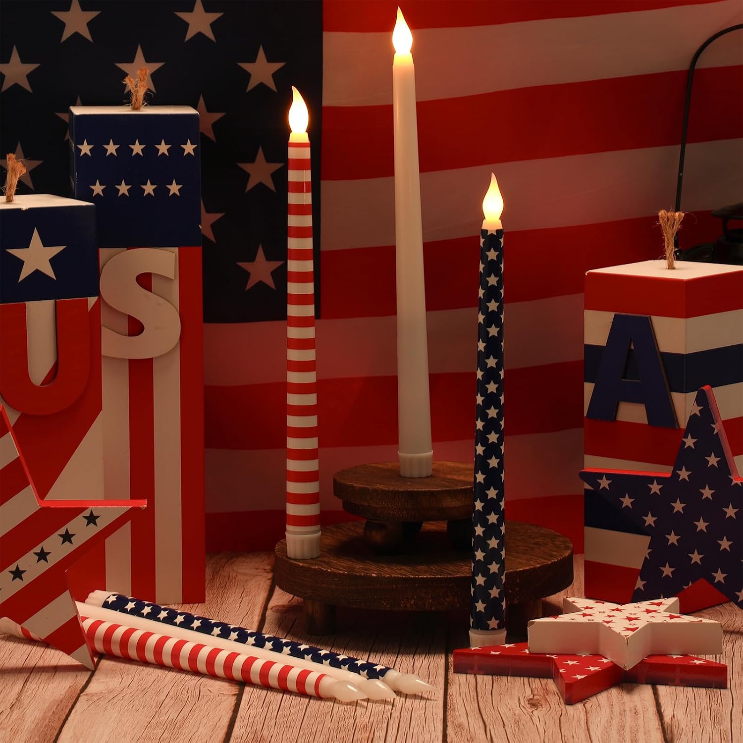6 Pcs 4th of July Patriotic Flameless Taper Candles 11'' Red White Blue Battery Operated LED American Flag Stars Candles Real Wax Table Centerpiece for Independence Day Party Decor