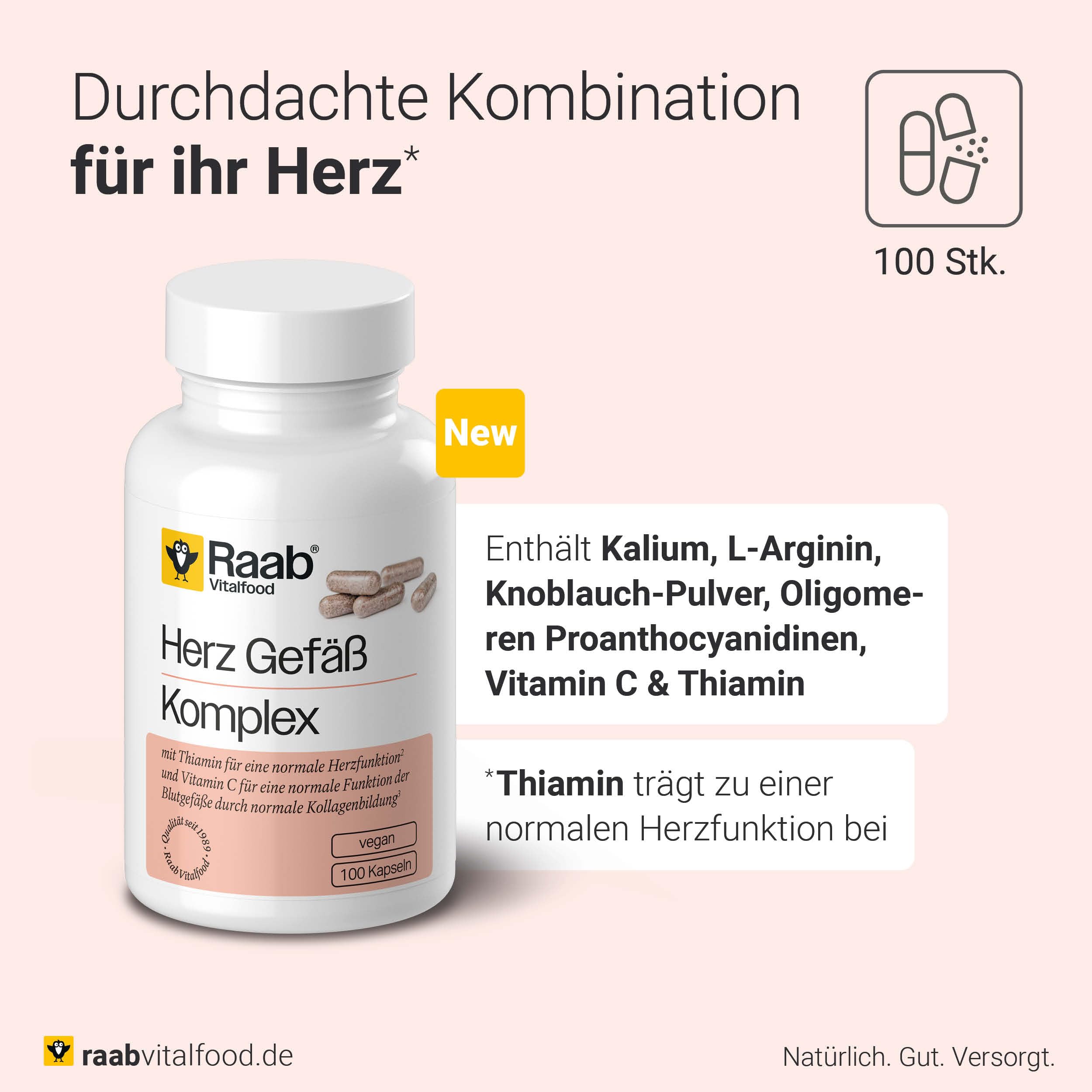 Raab Vitalfood® Herz Gefäß Komplex Kapseln (100 Stück) - Kombination aus Kalium, L-Arginin, schwarzer Knoblauch-Pulver, OPC aus Traubenkernextrakt sowie Thiamin und Vitamin C
