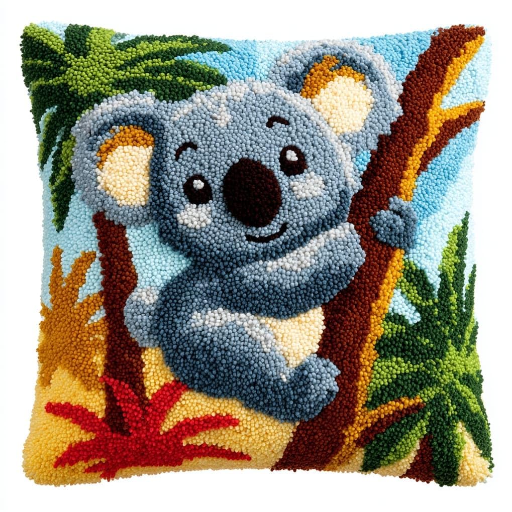 WallustrioaW Latch Hook Pillow Case Kits,Tropical Koala,Embroidery Kits DIY Latch Hook for Aadults Cross Stitch Cushion,17x17in