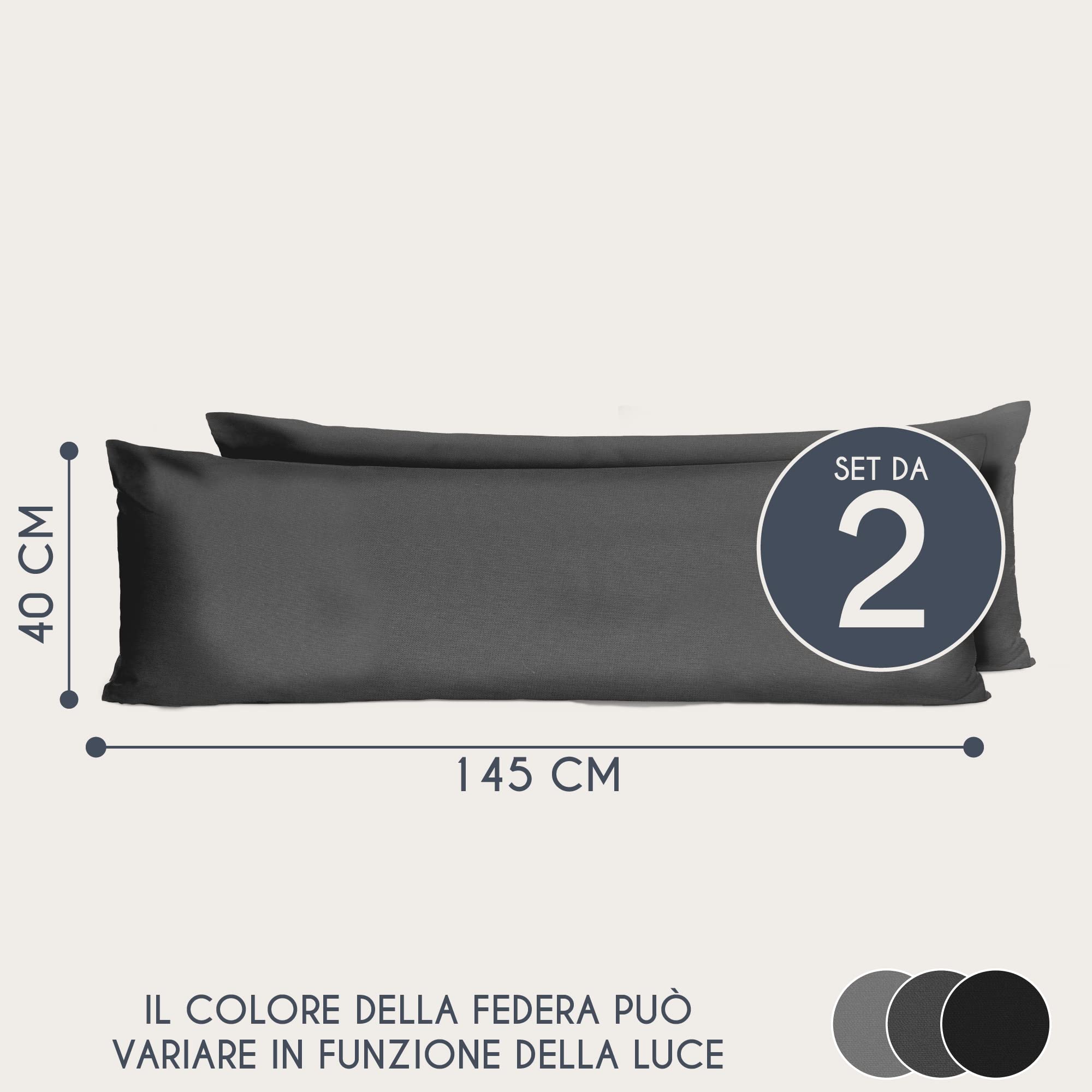 Federe 40x145 Cotone Rinforzato (Set da 2) - Antracite - Trama Fitta a 57 Fili/cm² - Federe Cuscini 40x145 cm - Federe Cuscino 40x145 Certificate Oeko Tex - Dreamzie