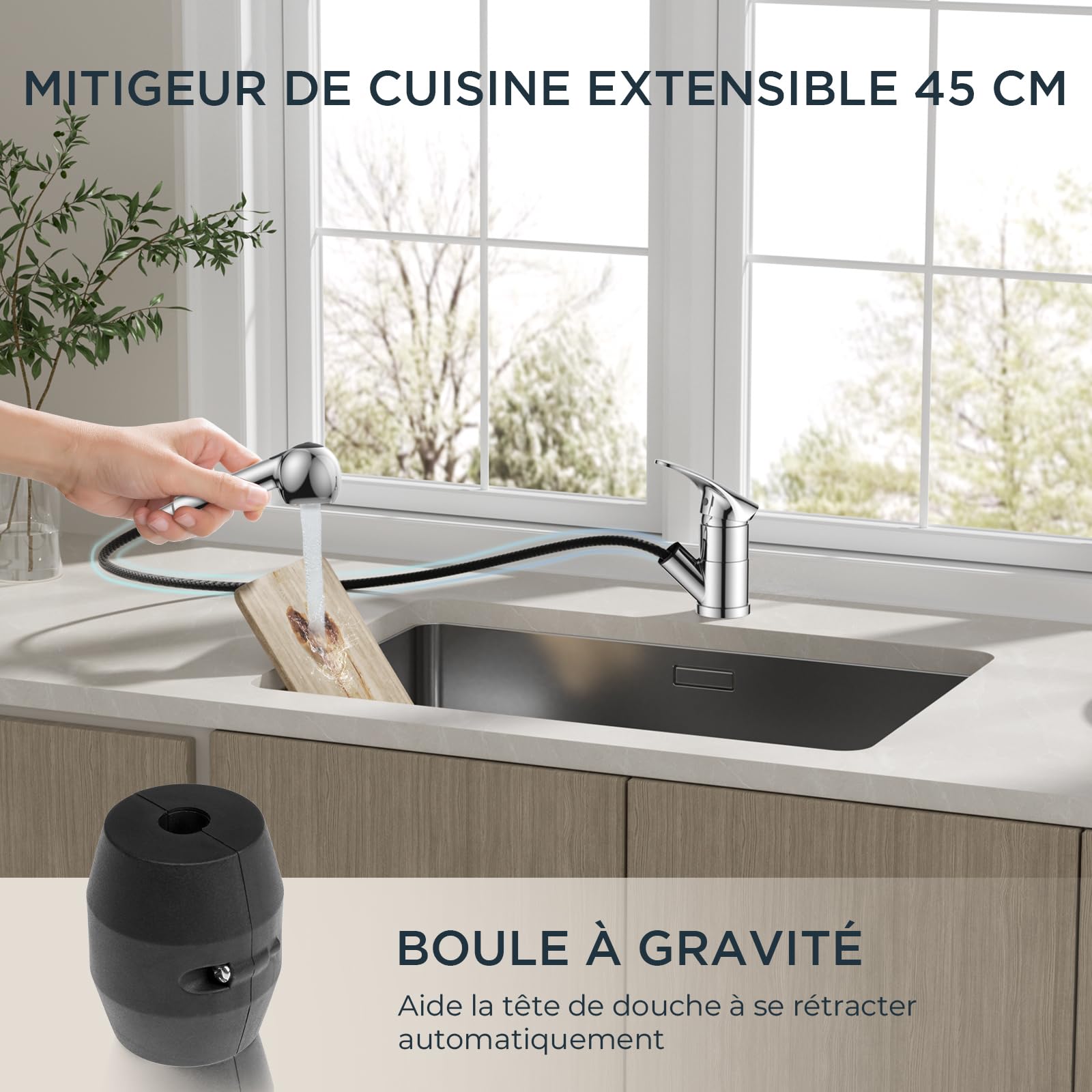 FORIOUS Robinet Cuisine Chrome Poli, Mitigeur Cuisine avec Douchette Acier Inoxydable, Monocommande, Monolevier Pivotant À 360° pour 1 Trou