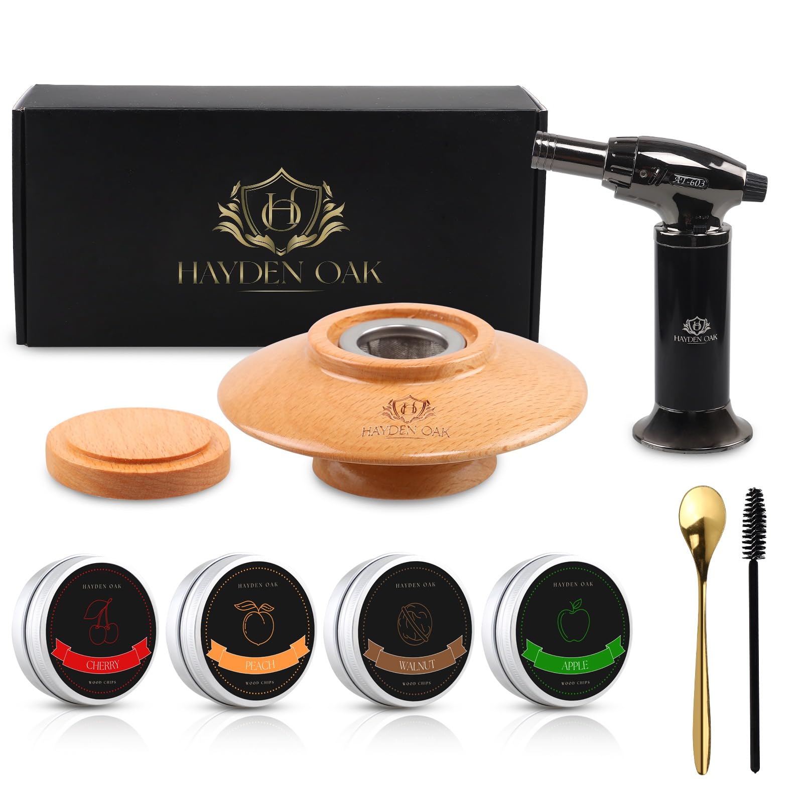 Hayden Oak Bourbon Smoker Kit with Torch – 4 Flavors Wood Chips – Whiskey Smoke Infuser Kit, Old Fashioned Cocktail Smoker Kit, Birthday Whiskey Gifts for Men, Father, Husband (Without Butane)…
