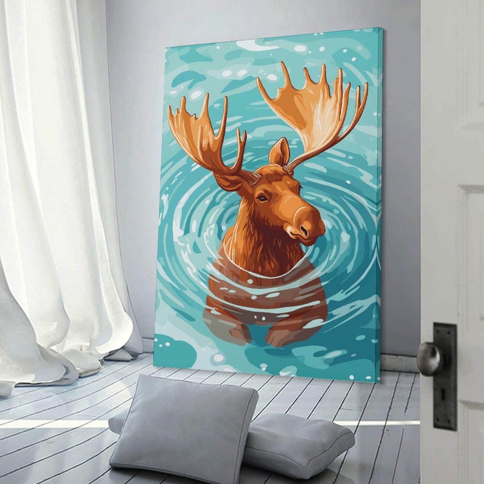 Junmoney Moose Swimming in Water Illustration Canvas Wall Decor 20x30inch(50x75cm), for Calm Bedrooms, Home Corners Or Flats, A Warm Accent for Relaxed Interiors