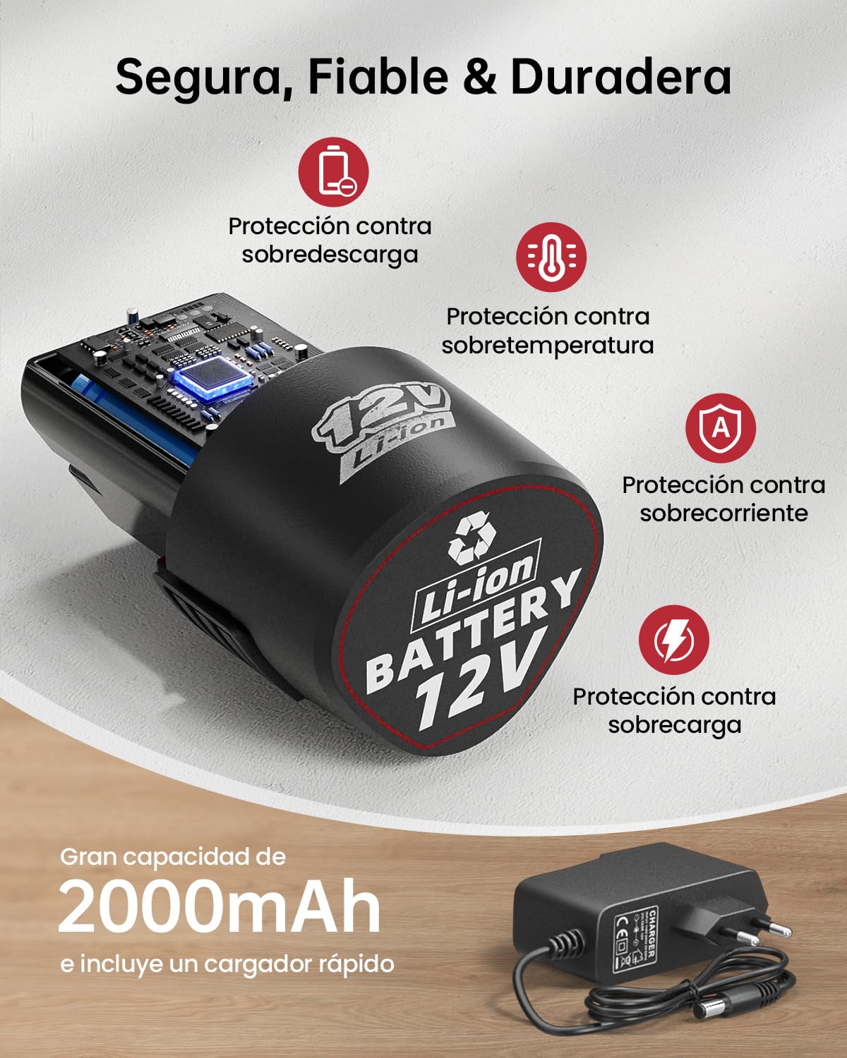 12V Destornillador Electrico, Taladro Atornillador Batería Max 25NM, 98 Accesorios Atornillador Electrico, 25+1 Par, LED Luz, Baterías 2000mAh, Portabrocas 10mm, para Reparación y DIY Red