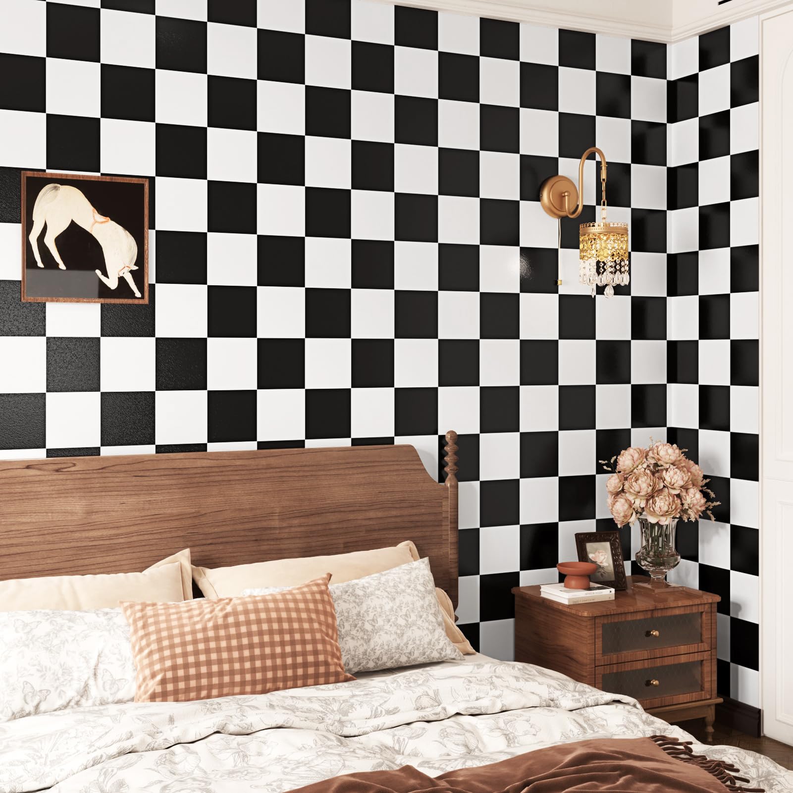 STICKEEP Black/White Checkered Contact Paper Peel and Stick Checkered Wallpaper Self Adhesive Modern Mosaic Geometric Wallpaper for Accent Walls