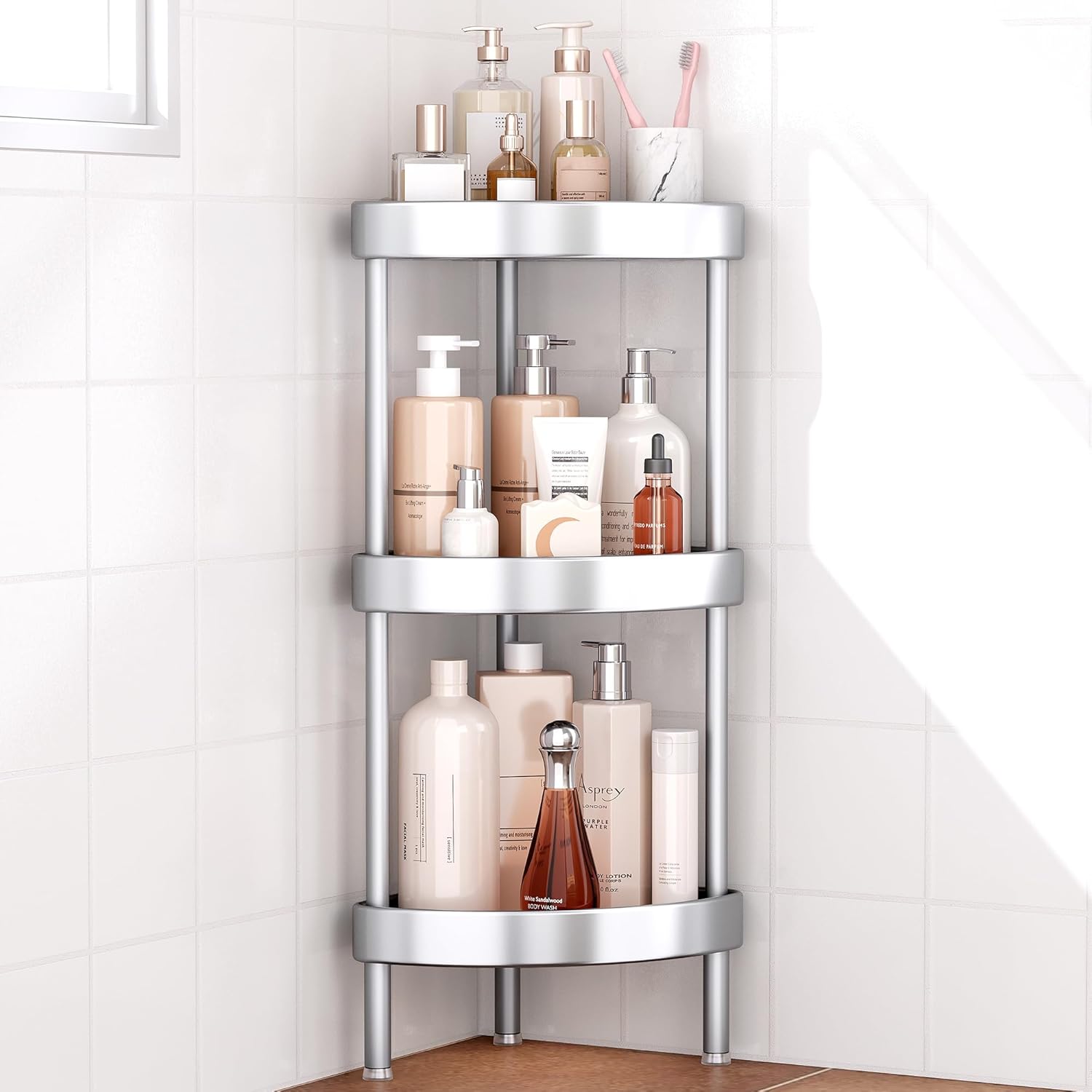 Nieifi Corner Shower Caddy Stand-3 Tier Rustproof Anodized Aluminum Standing Shower Organizer-Shower Caddy Corner-Dual Stability to Anti-Shaking-Height-Adjustable Legs for Uneven Surfaces-Silver 3-Tier Silver