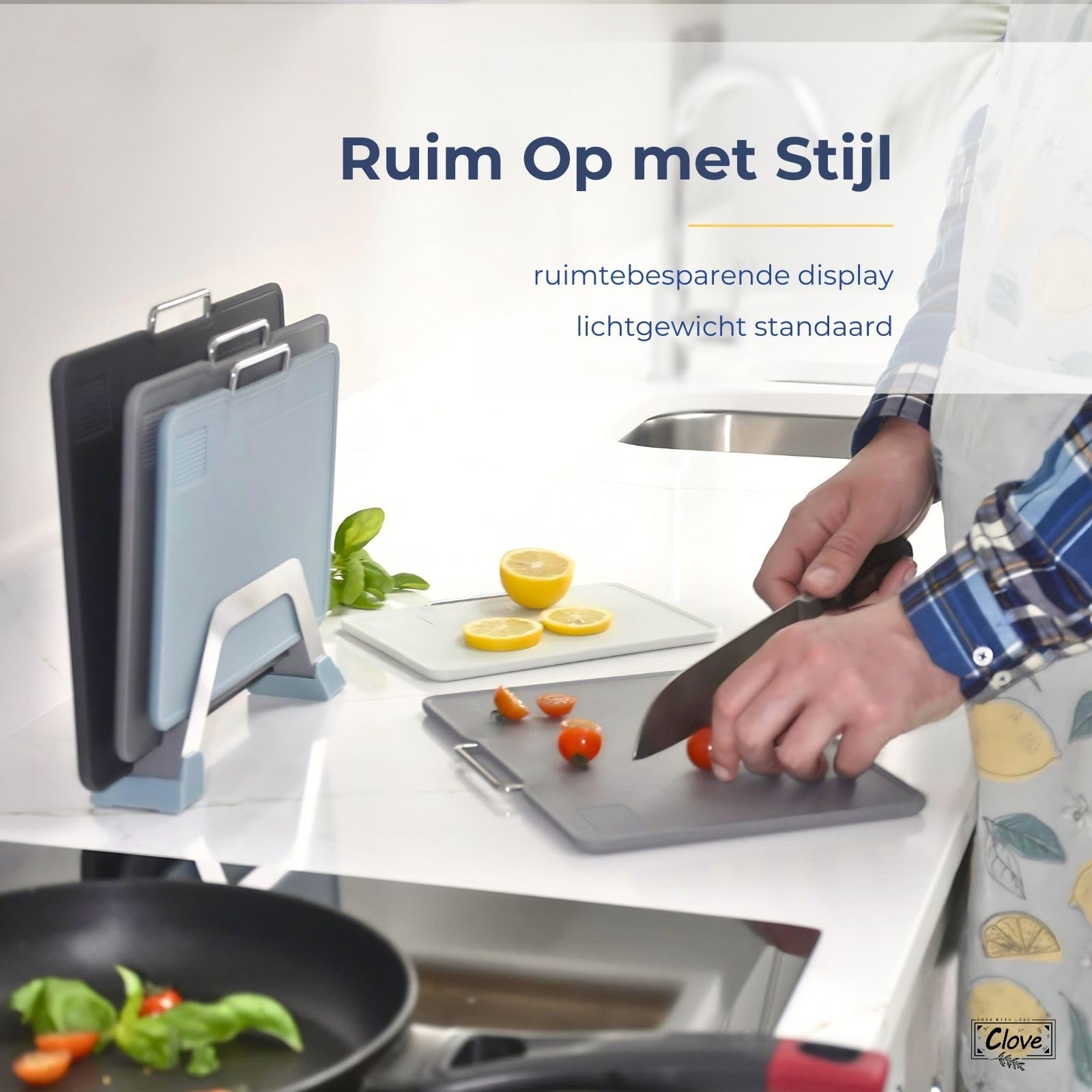 4-delige snijplankenset met standaard, kleurgecodeerde snijplanken voor keukens, herbruikbare plastic snijplanken, vaatwasmachinebestendig en antislip, 30 x 20 cm