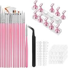 15PCS Nail Art Brush Set with 10 Nail Holders, 72PCS Nail Tips & 192PCS Adhesive Tabs, Pink Professional Nail Design Kit with Tweezers for Acrylic Gel Nail Art DIY Salon