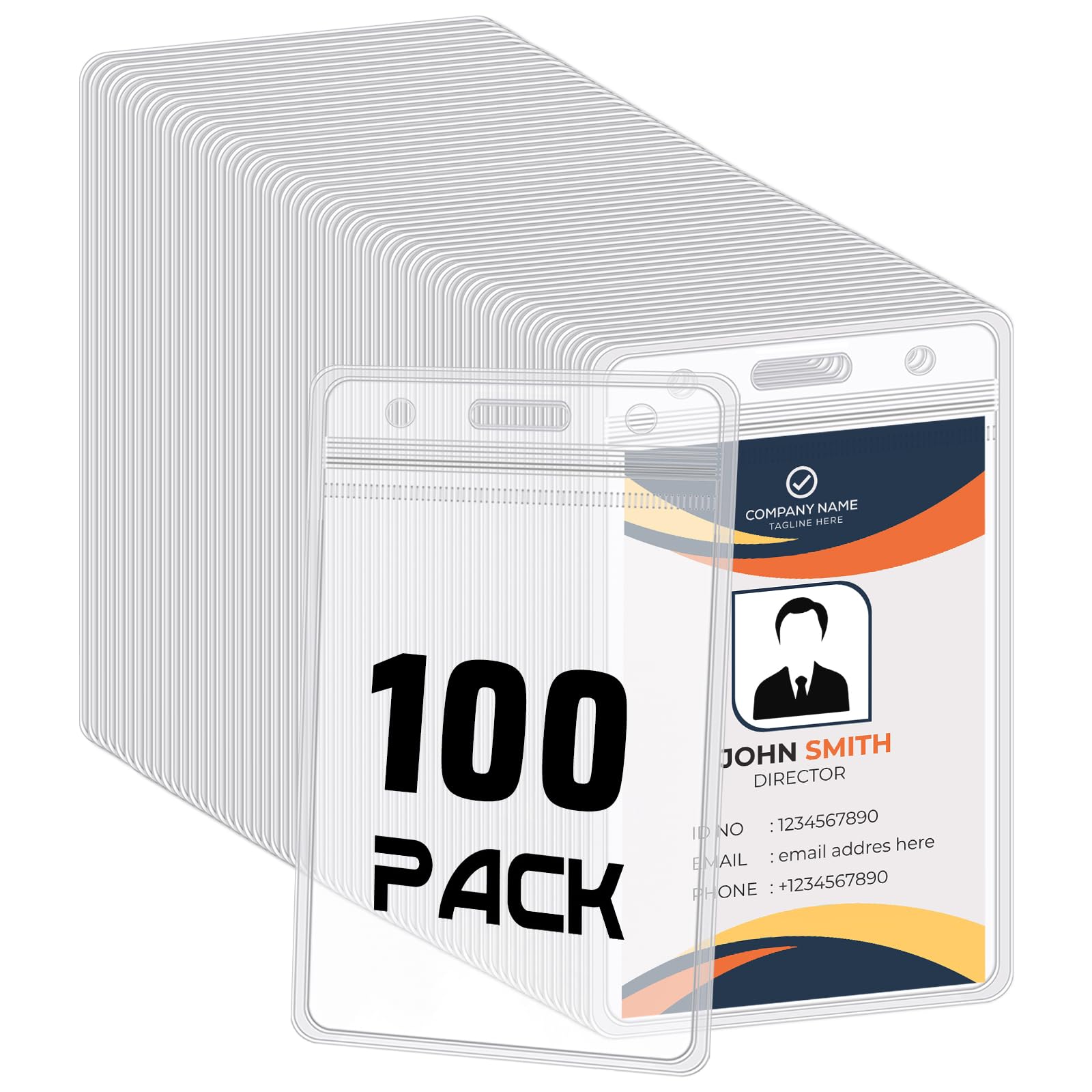 View 1 of 100 Pack Vertical Id Badge Holders, Clear Waterproof PVC, Resealable