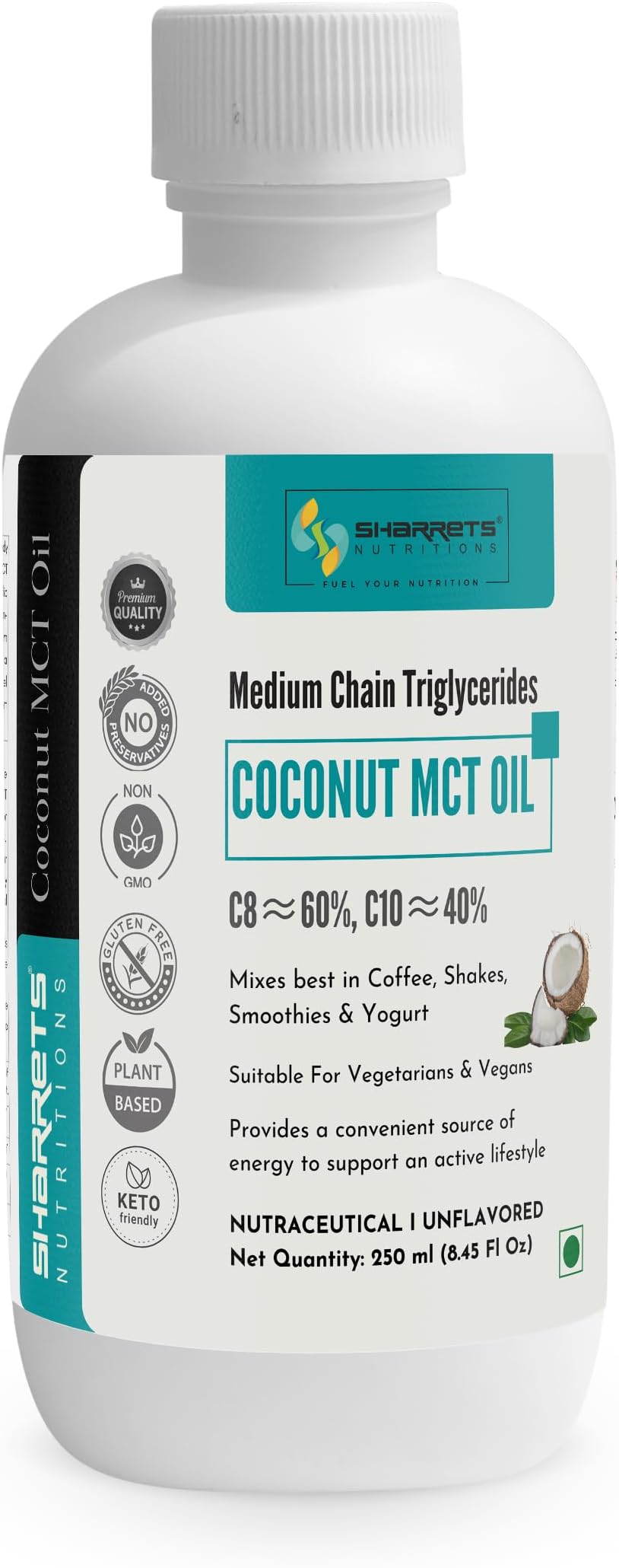 Sharrets Coconut MCT Oil 250ml - Premium 60:40 C8 C10 Medium Chain Triglycerides for Optimal Health.