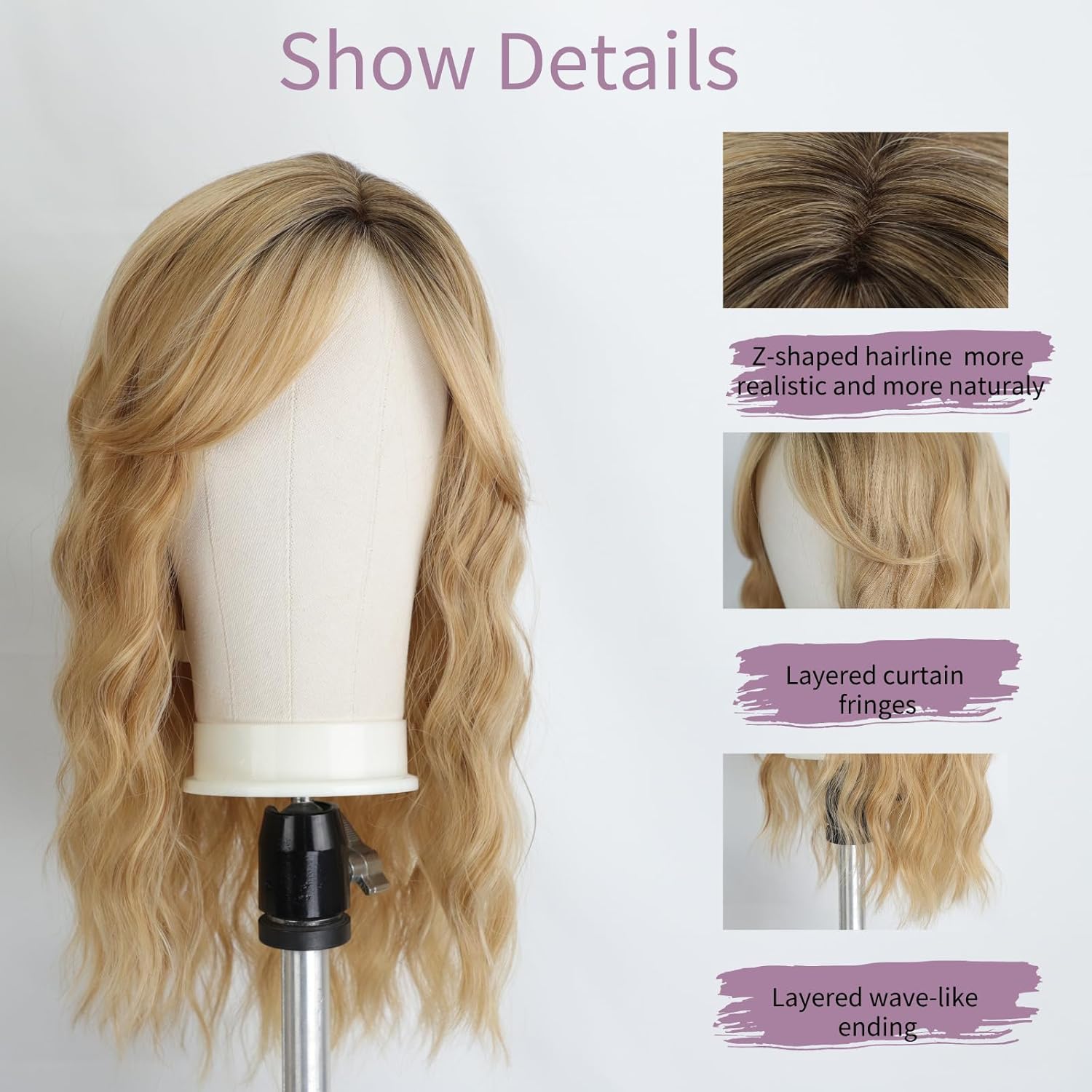 Fencca Blonde Wigs for Women Mid-length Curly Wig with Curtain Bangs 18Inch Ombre Blonde Wave Curly Synthetic Heat Resistant Hair Natural Looking for Daily Party Use