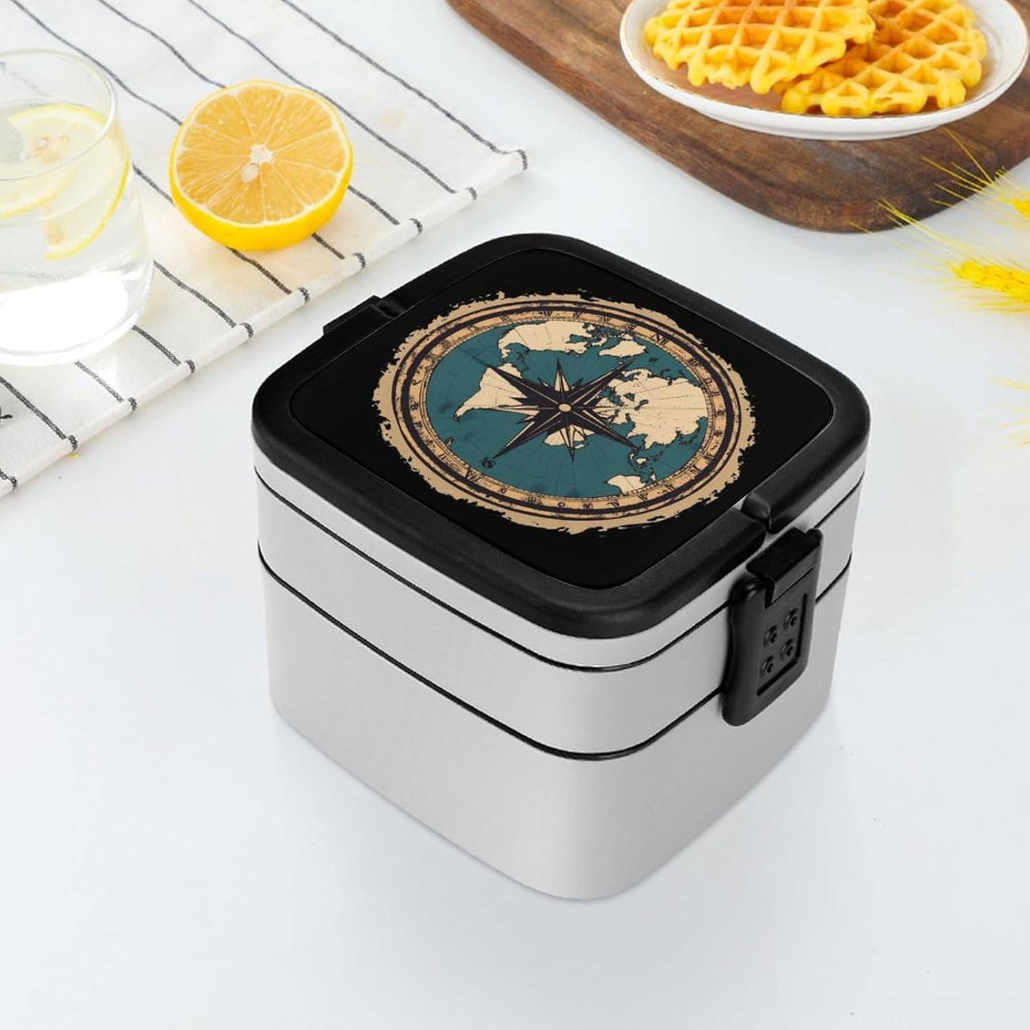 World Map Compass Sea Sailboat Bento Box with Spoon 2 Layer Food Container Cute Lunch Box for Travel Dining Work