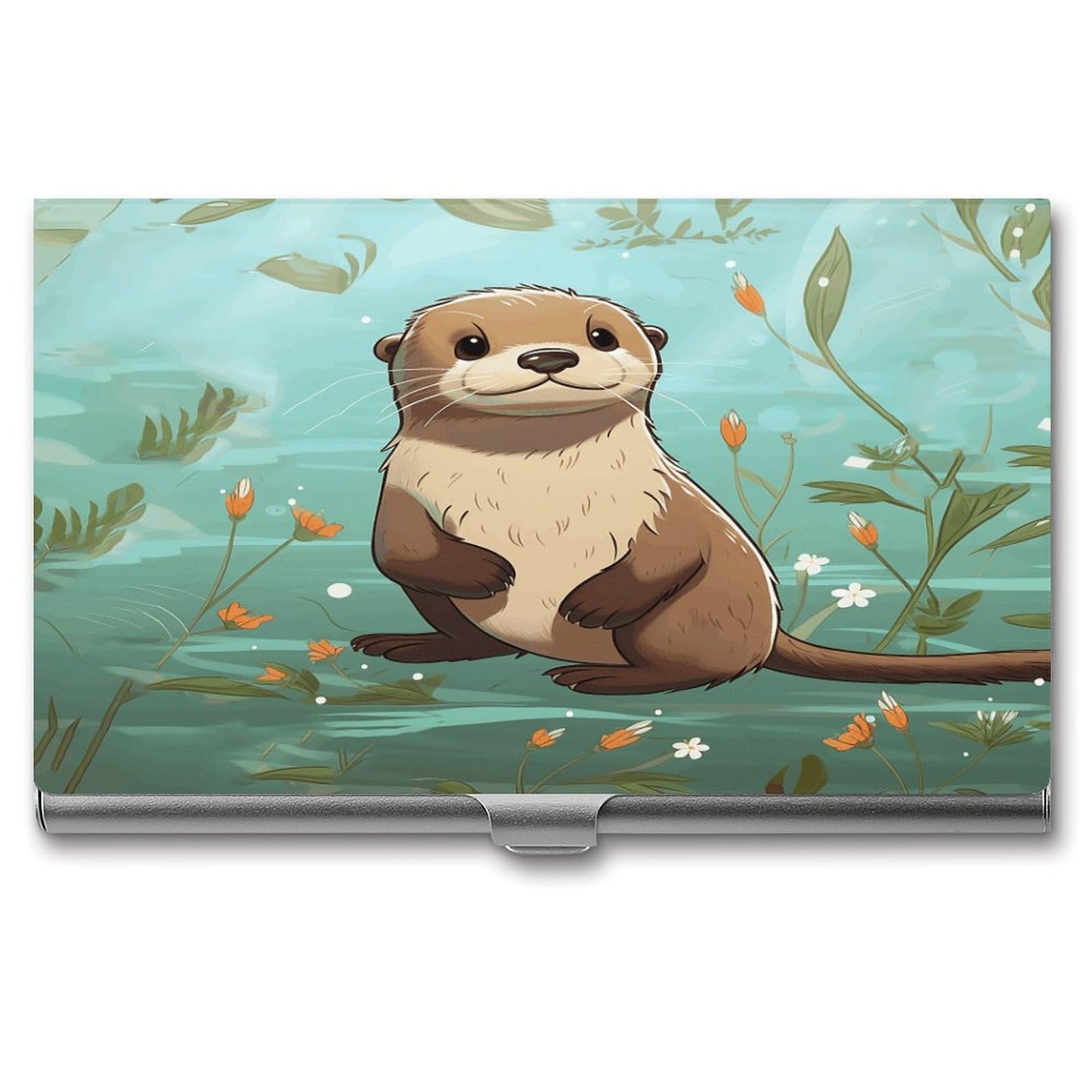 JTREHY Cartoon Cute Otter Business Card Holder Slim Purse Name Card Holder Portable Metal Business Card Case Wallet Large Capacity Lightweight Business Card Case for Men Women