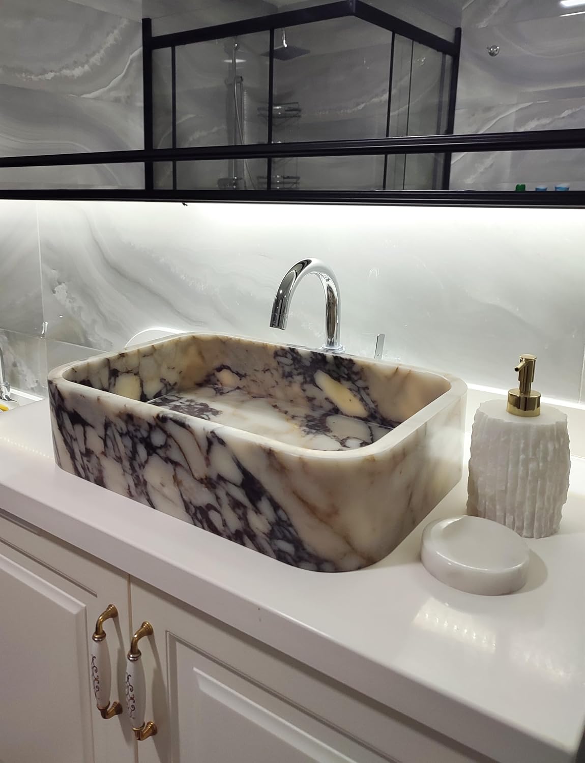 Unique Calacatta Violet 20x14x5 inch Marble Sink, Rectangular Vessel Sink, Bath Sink, Above Counter Modern Vessel Sink For Bathroom Vanity Lavatory Hand Wash Art Basin Countertop Stone (white)