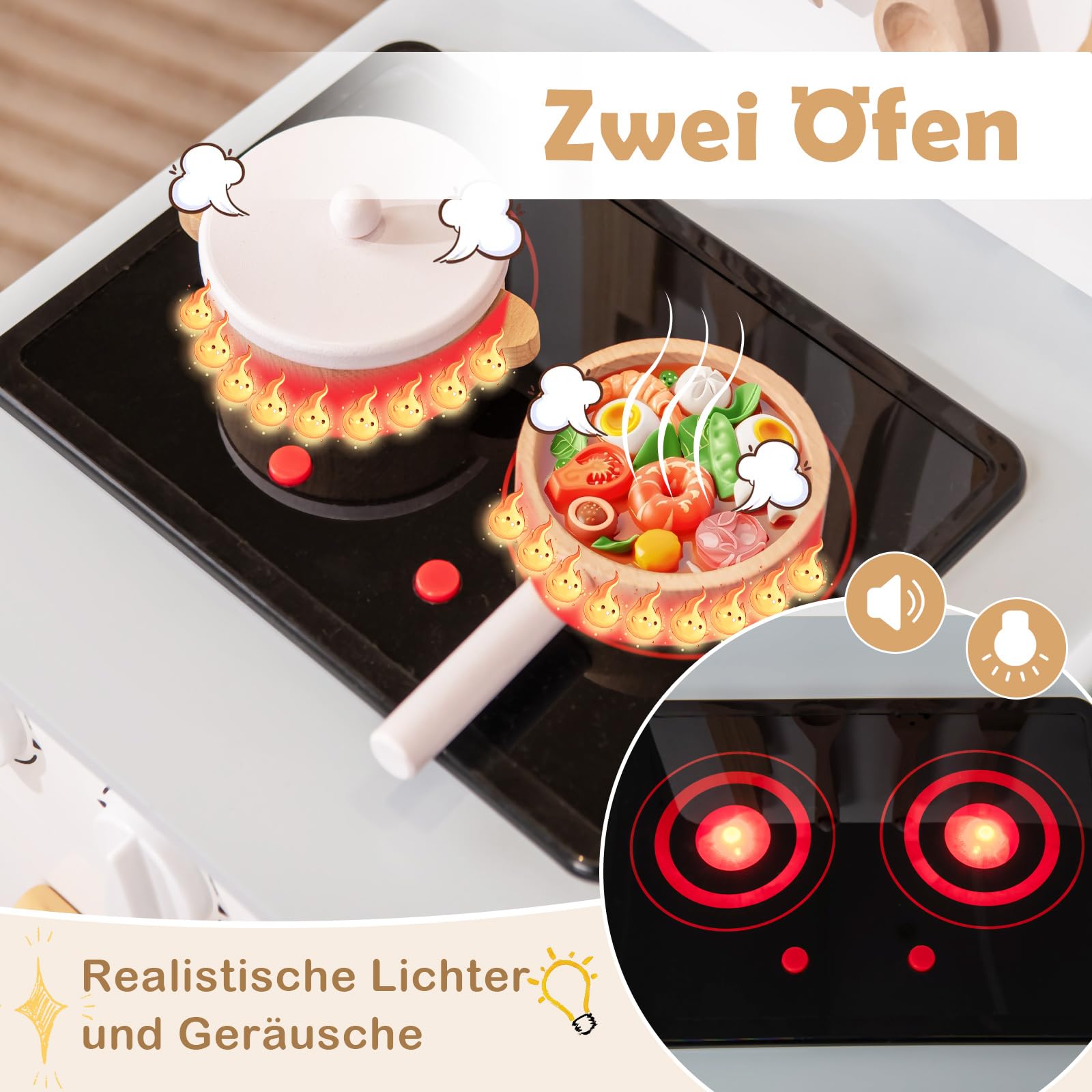 COSTWAY Kinderküche mit 10 Zubehör, Spielküche Holz mit Licht und Sound, Spielzeugküche mit Herd & Spüle & Backofen, Holzküche für Kinder ab 2 Jahren (Weiß)