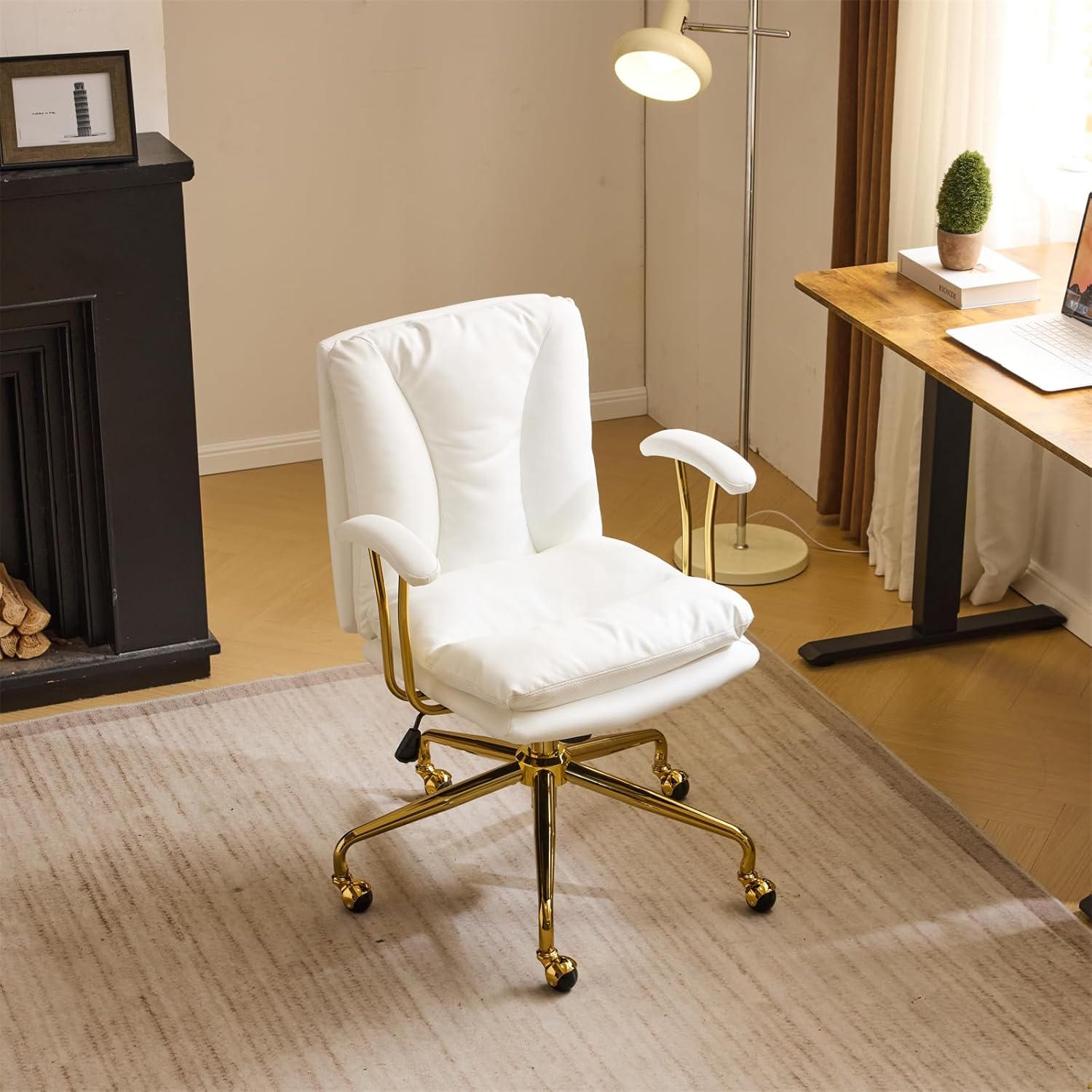 VINGLI Home Office Desk Chair Comfy with Wheels Removable Armrests Gold Base Vanity Chair with Back Adjustable Rolling