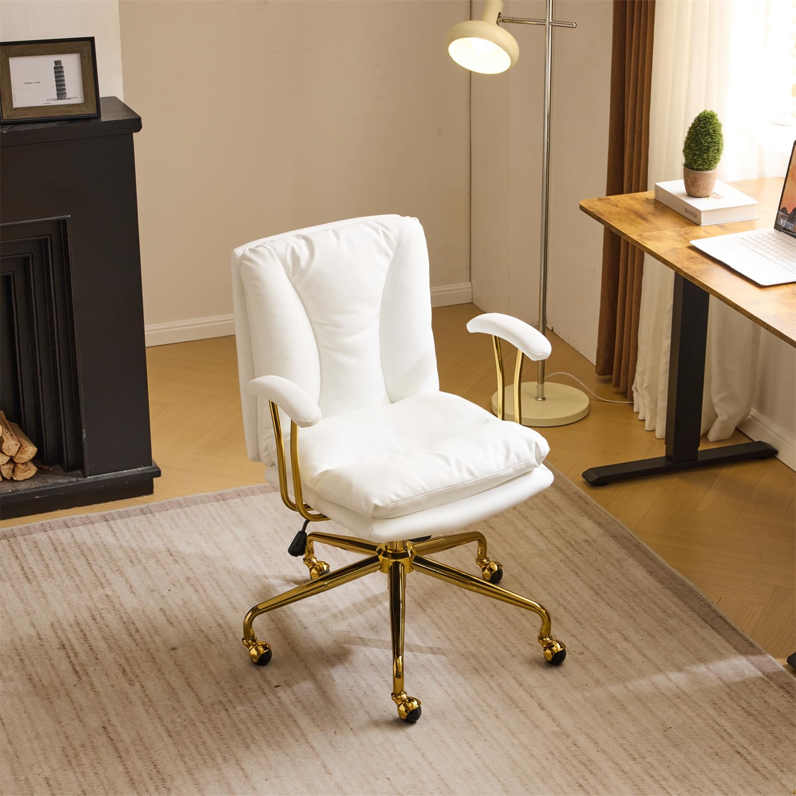 VINGLI Home Office Desk Chair Comfy with Wheels & Removable Armrests,Gold Base Vanity Chair with Back, Adjustable Rolling Swivel Computer Task Chair for Study,Makeup,Office,Bedroom,PU Leather,White White-pu