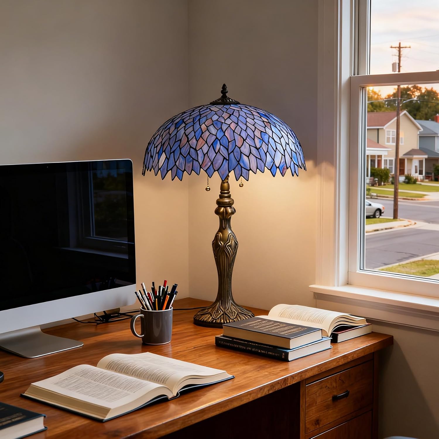 Tiffany Lamp 16" Blue Purple Wisteria Stained Glass Table Lamp for Large Space Vintage Style Antique Bronze Base Desk Light Decorate Bedside Bedroom Living Room Entry Hallway Home Office