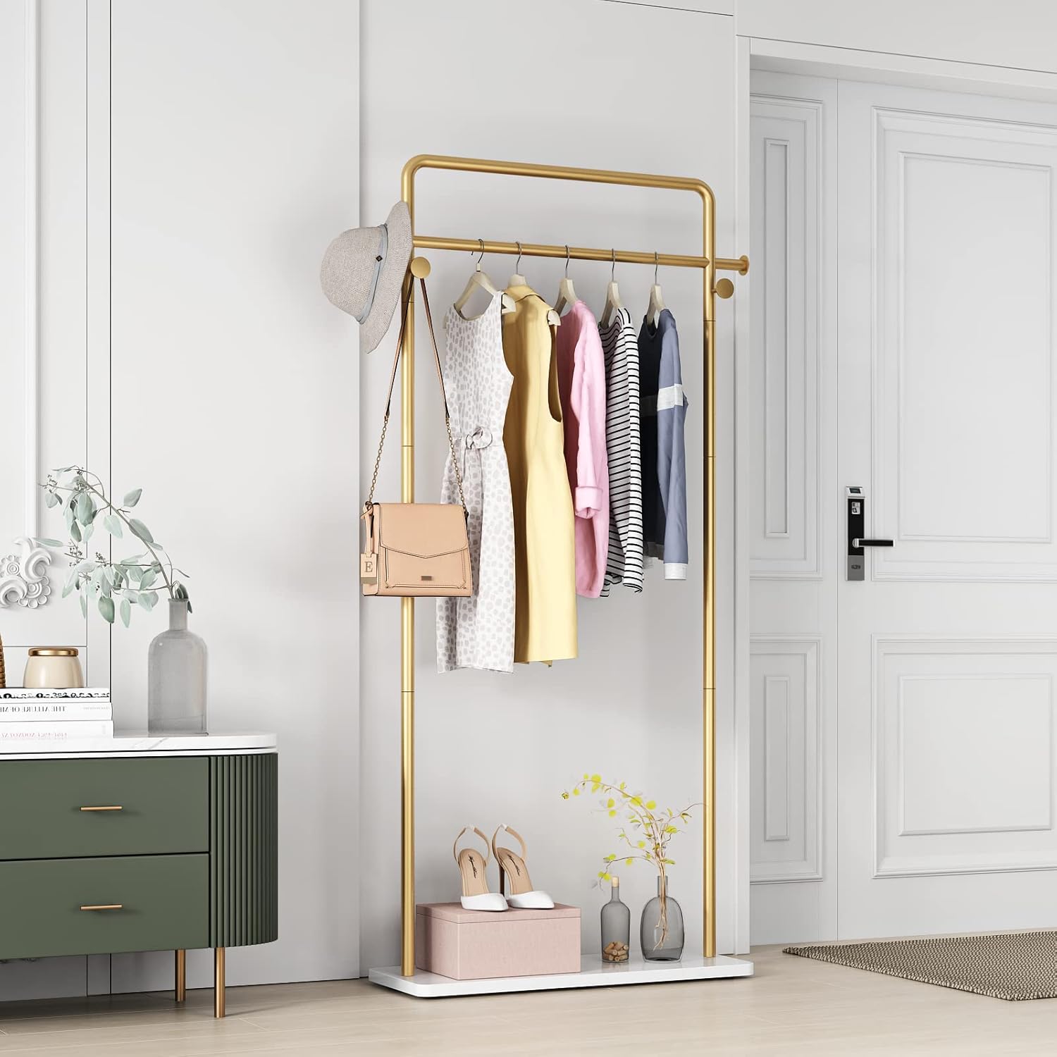 tieou gold clothing racks with shelf, heavy duty gold clothes racks for boutiques, free-standing metal garment rack for hanging clothes, modern coat rack entryway 1 tier-31.5''w