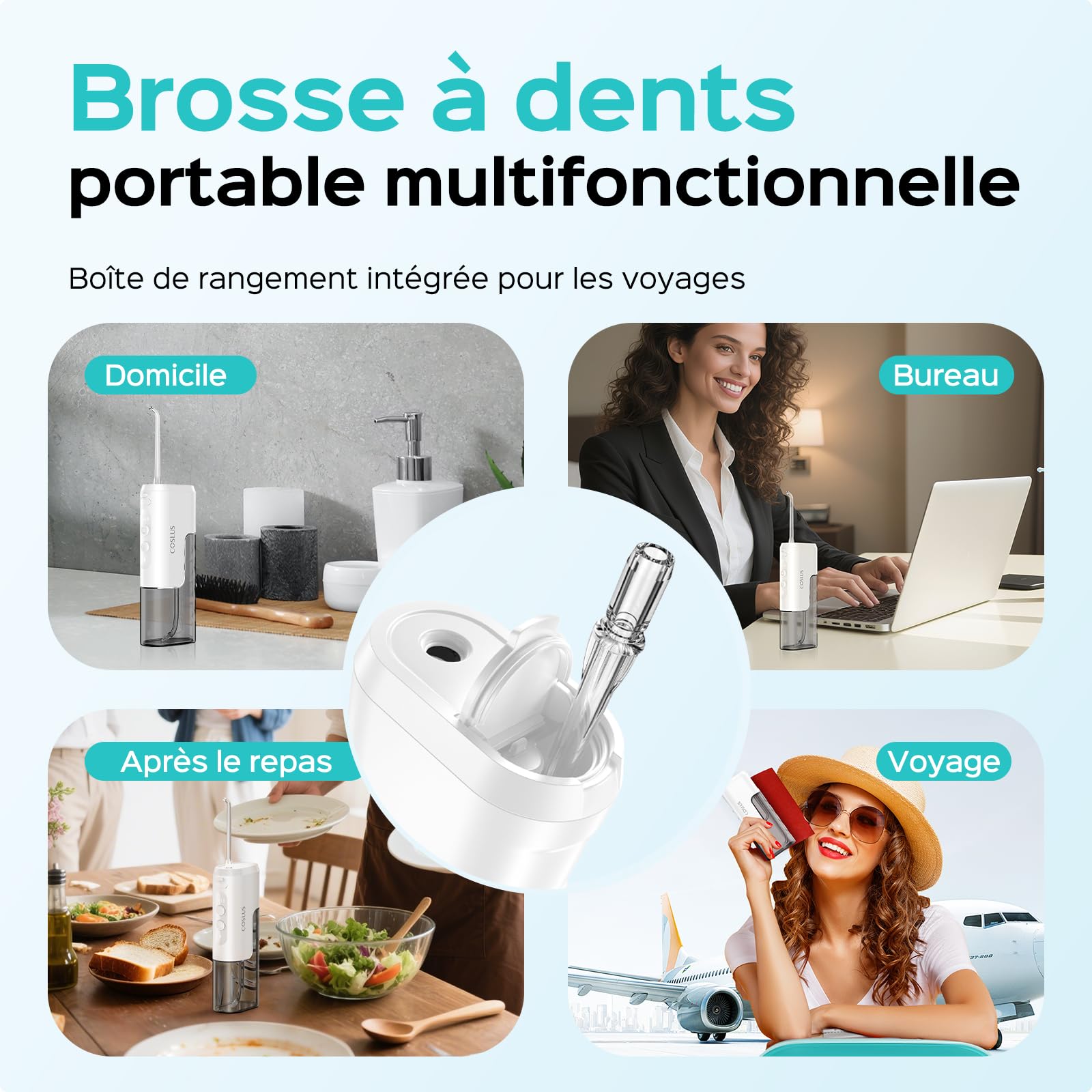COSLUS Mini Jet Dentaire Hydropulseur Portable: Design Compact et Sans Fil, 4 Modes IPX7, Idéal pour Appareil Dentaire, Orthodontie et Dents Sensitives, Usage Nomade, Gris Blanc, T40
