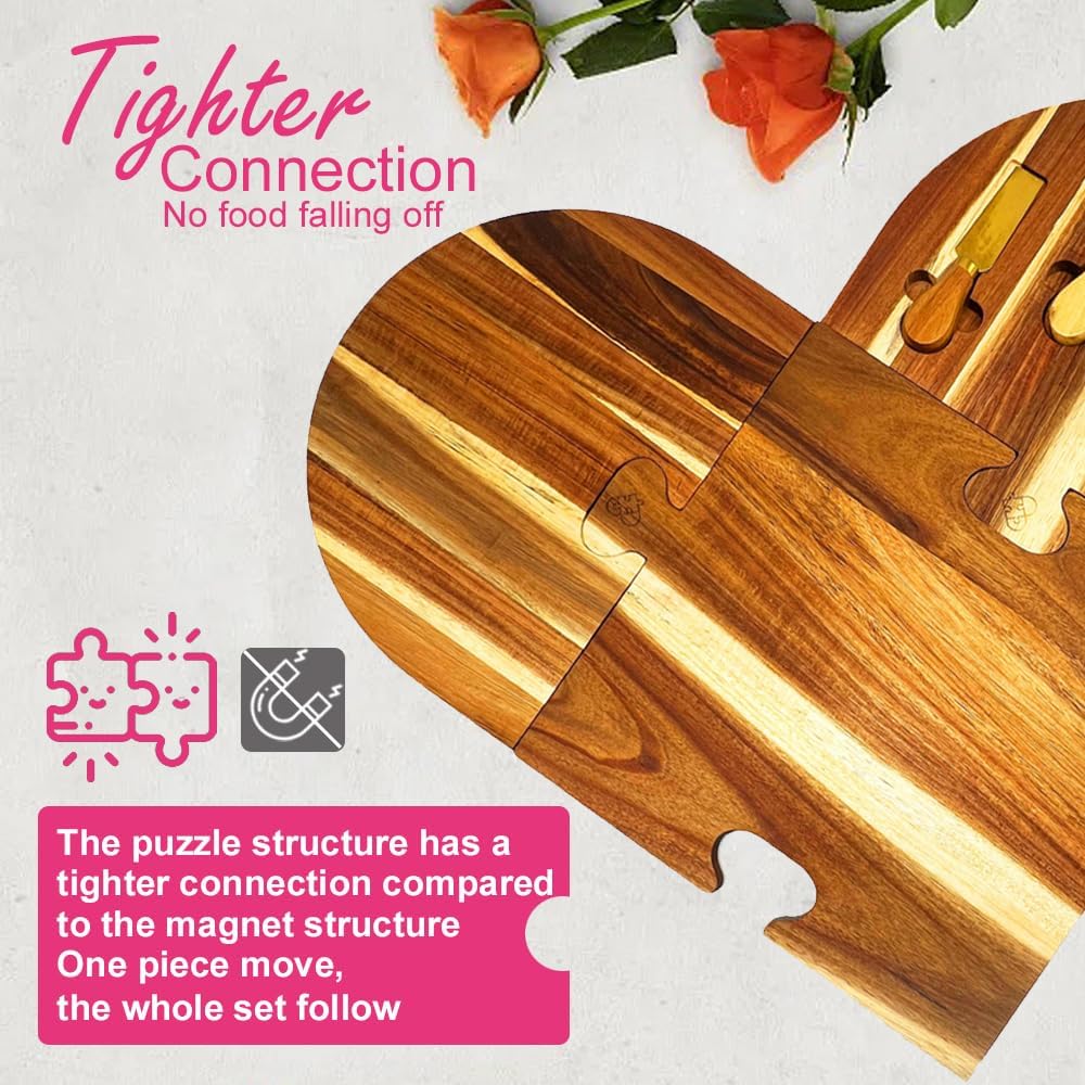 Large Charcuterie Board Set - 3 Pieces with Knife Set, Premium Acacia Wood Cheese Boards, Heart Shaped Serving Tray with Gift Box, Wedding & Bridal Shower Gift, Valentines Day Gifts