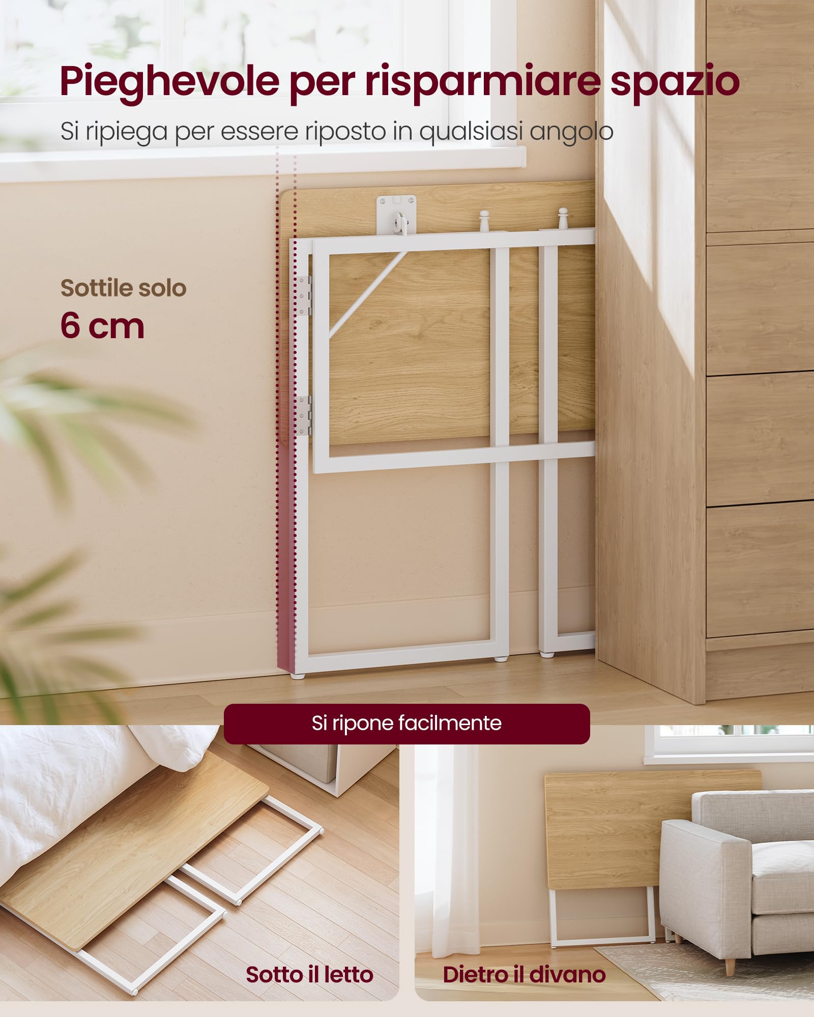 VASAGLE Scrivania per Computer Pieghevole, Piano in Unico Pezzo, Angoli Arrotondati, Tavolo da Ufficio, Camera da Letto Balcone Campeggio, Facile da Montare, 100 x 50 cm, Rovere Naturale LWD152YD01