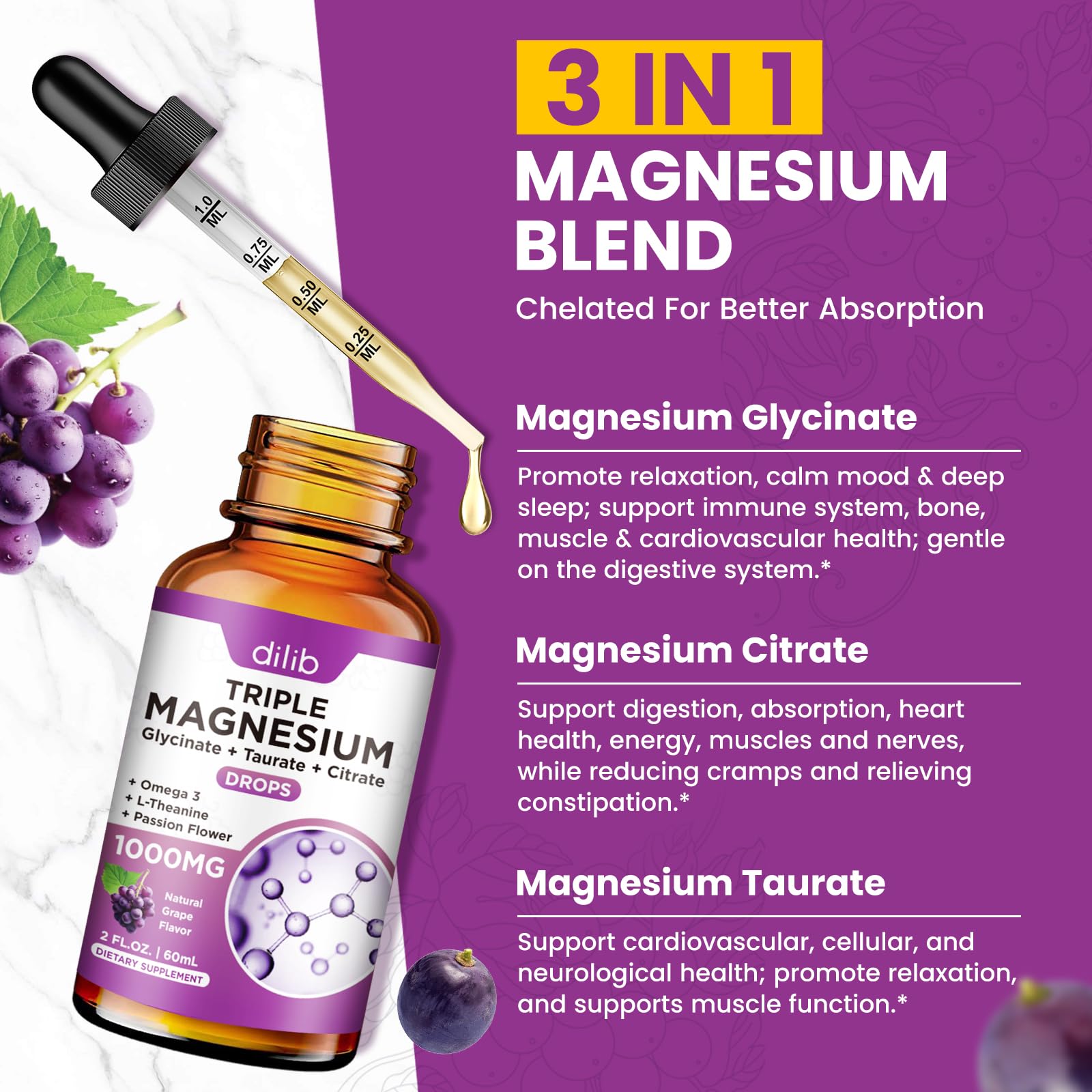 Liquid Magnesium Glycinate Supplement 1000mg, Calm Magnesium Citrate, Taurate Drops with Omega 3, Zinc, Ashwagandha, L-Theanine, Chamomile for Sleep, Mood, Stress Relief, Bone, Muscle, Grape Flavor — Amazon image 2