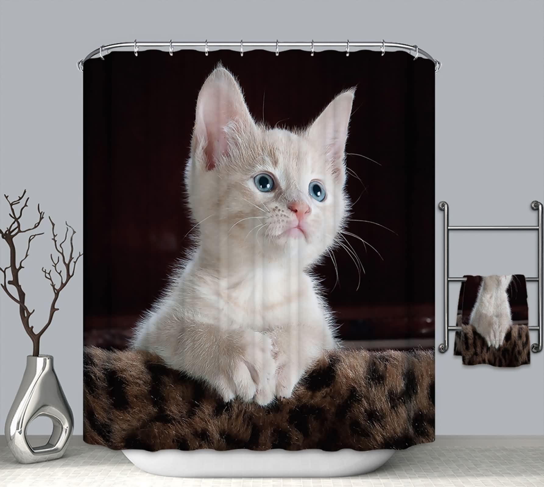 EHOMERY Cortina Ventana Baño Pequeña Cortina Ducha Estrecha Gatito Cortina Baño Impermeable Antimoho Cortina Ducha Cuadrada Polyester Blanco Negro Ojales De Acero Inoxidable, 140X180Cm