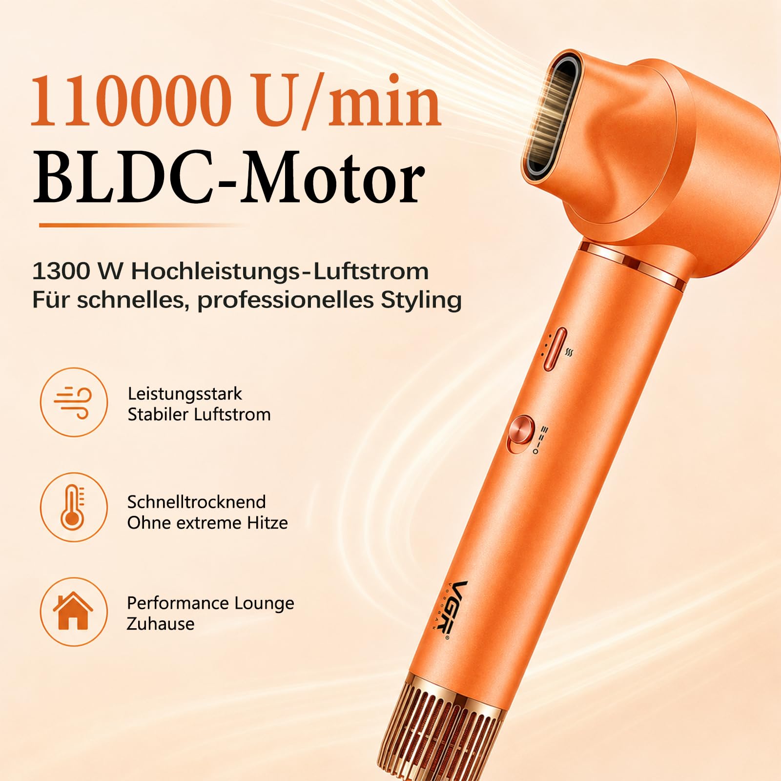VGR 478 6-in-1 Hairstyler, 1300W Haarstyling Geräte Mit Föhnbürste Und Rundbürstenföhn, Airstyler Mit 3 Lüftergeschwindigkeitsstufen Und 4 Temperaturstufen, Lockenföhn Mit Abnehmbare Rückseite, Orange