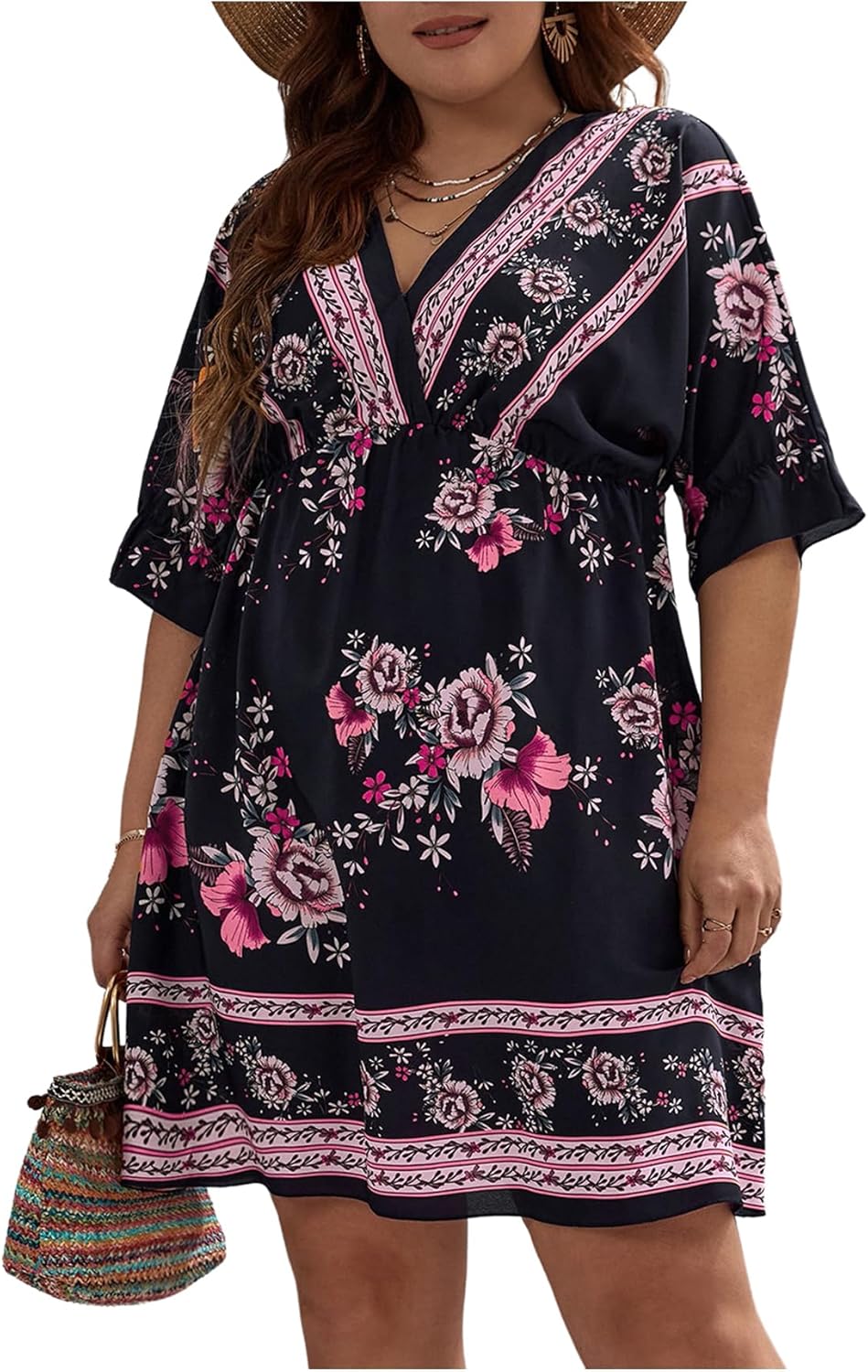 OYOANGLE Women's Plus Size Boho Floral Print High Waist V Neck Flared A Line Short Dress