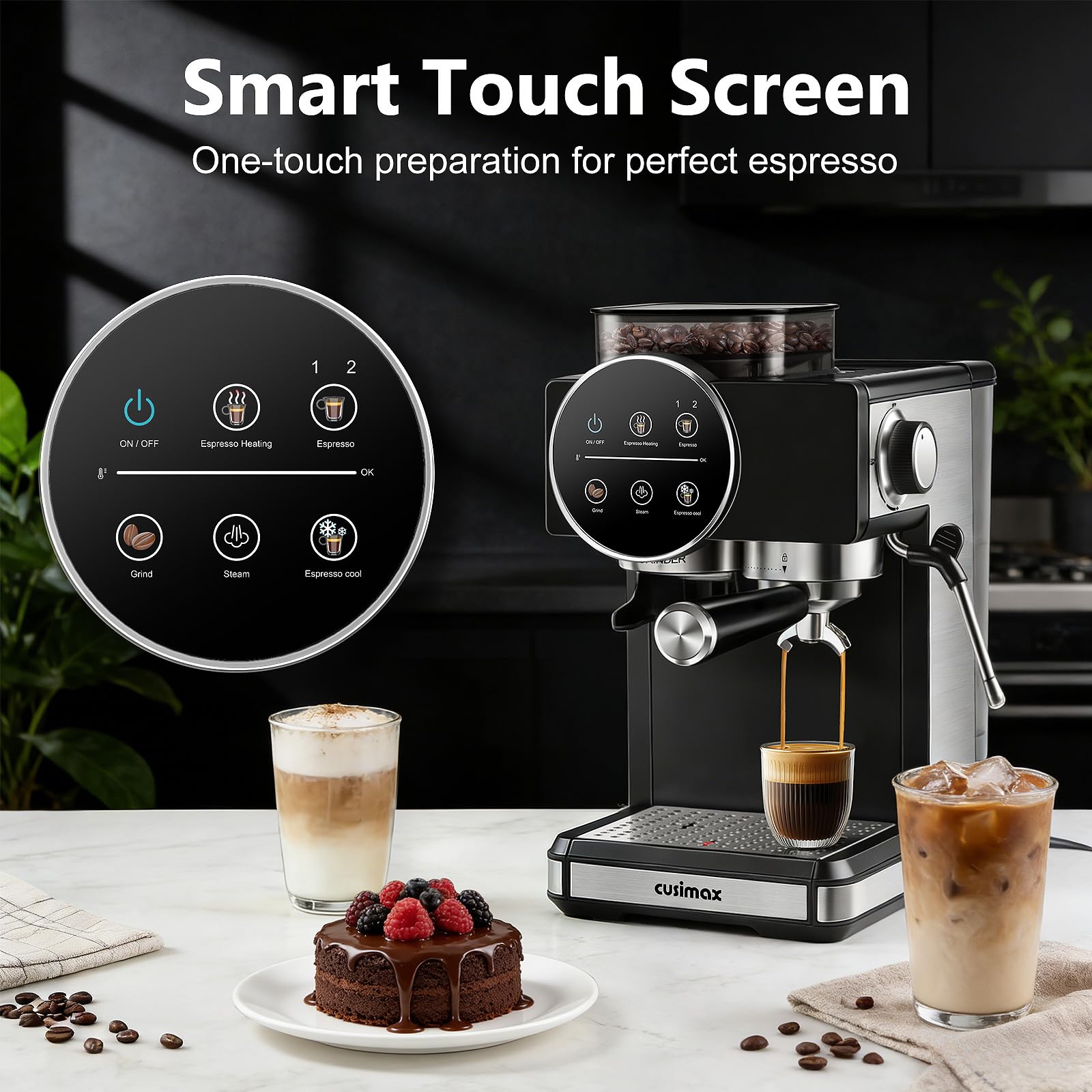 Espresso Machine with Grinder, 20 Bar Professional Expresso Coffee Machines with Milk Frother Steam Wand, Espresso Maker with 60oz Removable Water Tank, Cappuccino & Latte Machine for Home (Black) — view 4