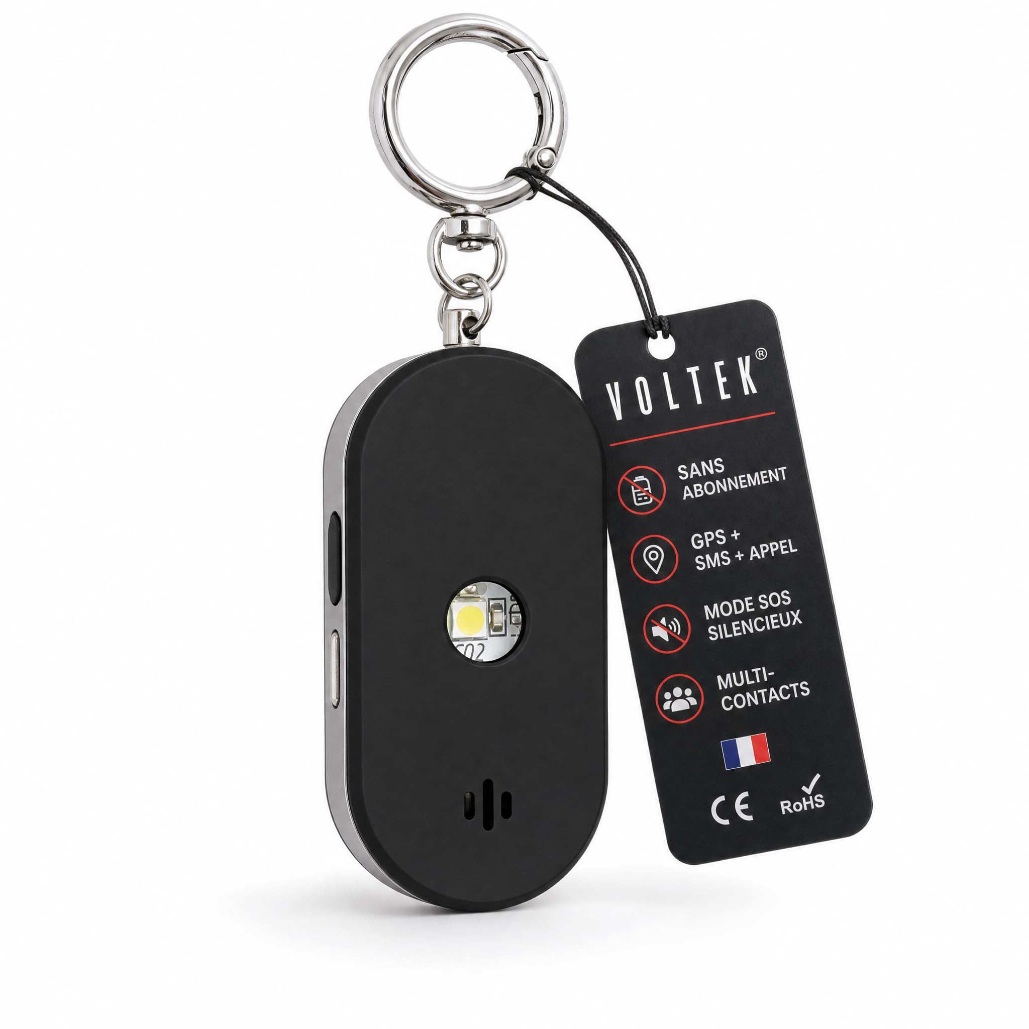 Voltek Sentinel - Alarma personal antiagresión para mujer, 130 dB, SOS ancianos y senior con SMS y GPS automático, botón de emergencia, ubicación infantil, sin aplicación iOS Android S7+, USB-C y