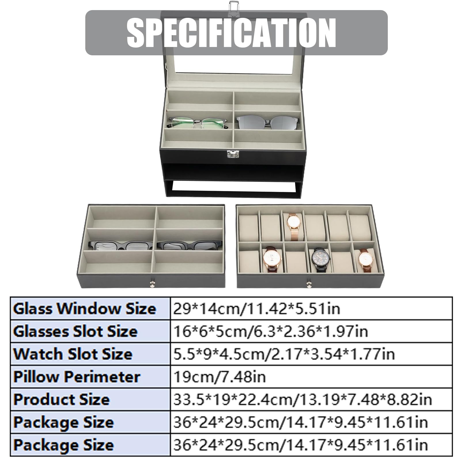 Uhrenbox, Display Uhren- und Sonnenbrillen-Schmuckbox, 12 Uhrenbox-Schmucketui und 12 Slots Sonnenbrillen-Organizer, Brillenetui Uhren- und Sonnenbrillen-Box für Herren Damen