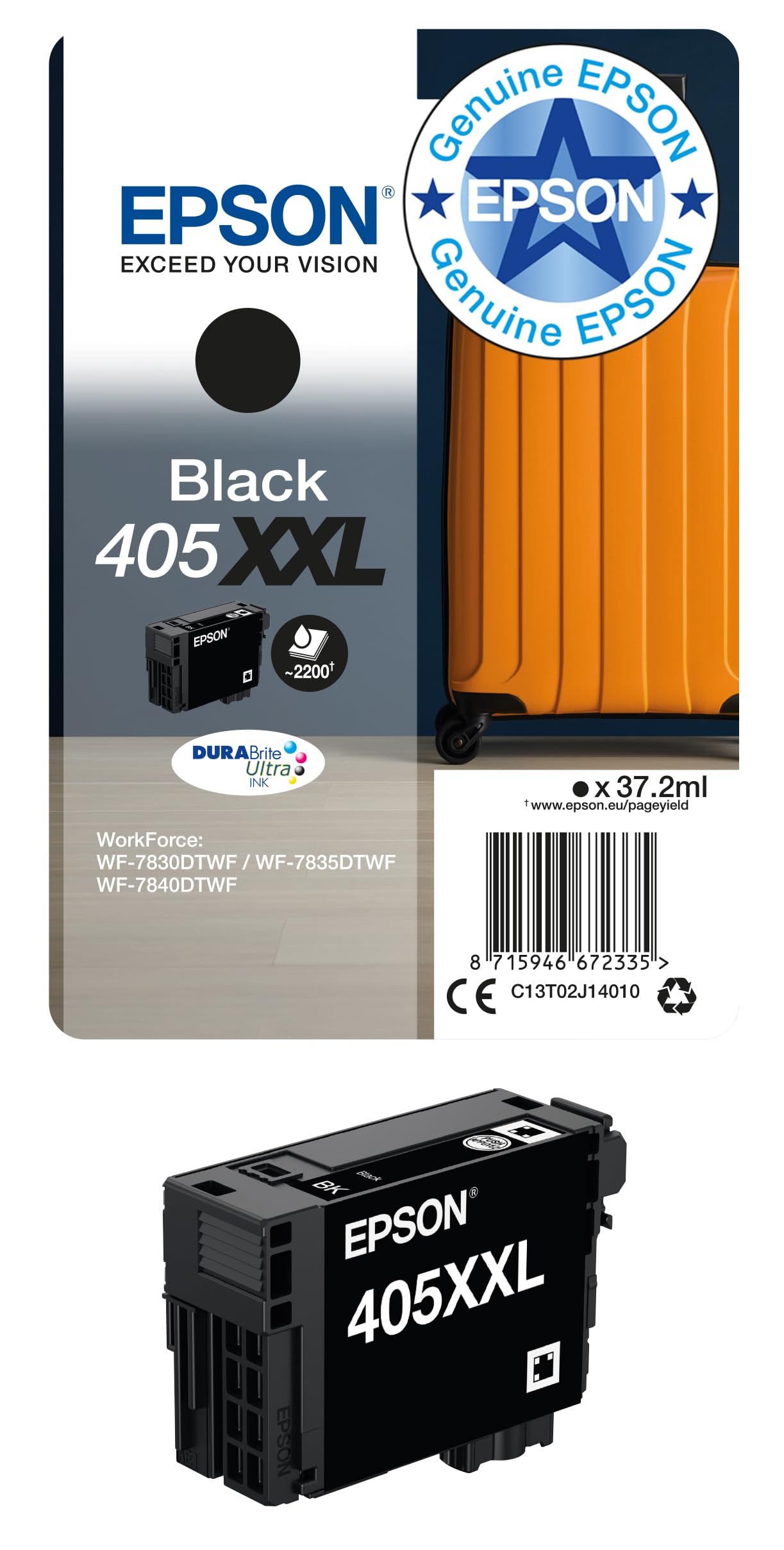 Epson 405XXL Black Suitcase High Yield Genuine, DURABrite Ultra Ink Compatible with WF-78XX Printers