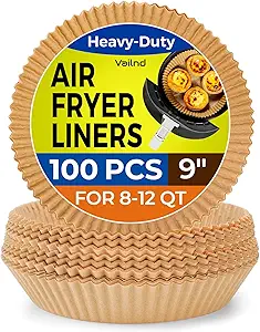 Vailnd Disposable Air Fryer Paper Liners, 9 Inch Max Xl Large Cooker Airfryer Parchment Paper Liners, 100Pcs Oil Proof Round Basket Bowl Liner Baking Paper for 8-12 QT Air Fryer Microwave
