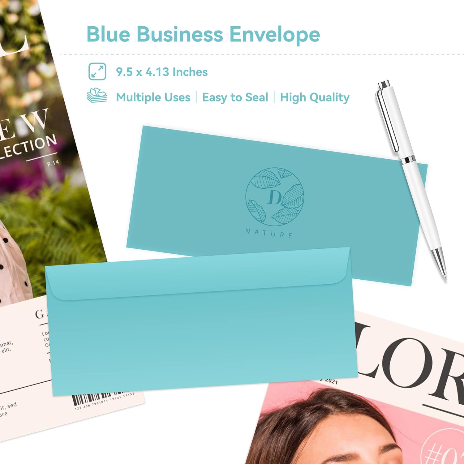 Business Envelops, 200-Pack #10 Blue Envelopes, Standard Square Flap, Gummed Seal, Perfect for Invitations, Office, Checks, Letter, Mailing, Crafts, Printable, Windowless, 4-1/8 x 9-1/2 Inches