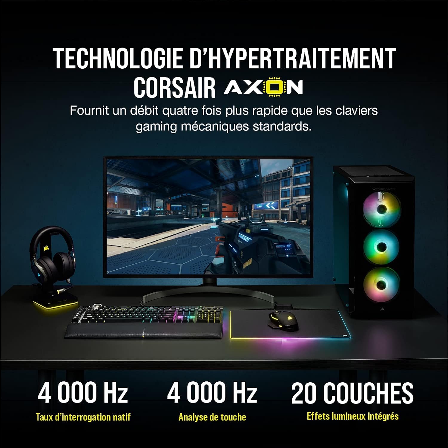 Corsair Klawiatura gamingowa K100 RGB (przełączniki optyczno-mechaniczne OPX: ultraszybkie i liniowe klawisze, podwójny wtrysk PBT, Elgato Stream Deck) AZERTY, czarna